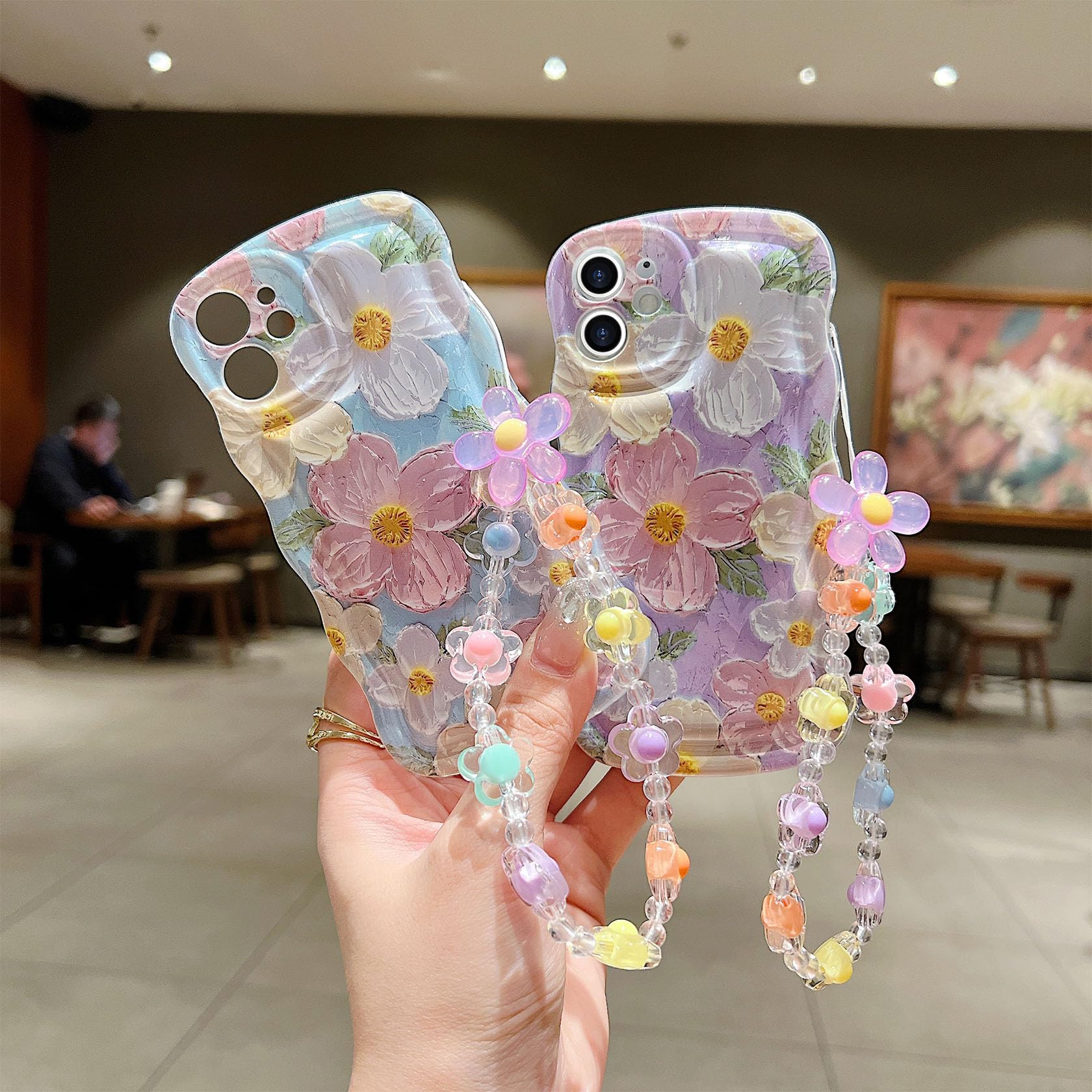 For Iphone 12 Mini Curly Wavy Case, Cute Colorful Retro Oil Painting Flower Glossy Pattern [With Bead Chain], Slim Fit Shockproo