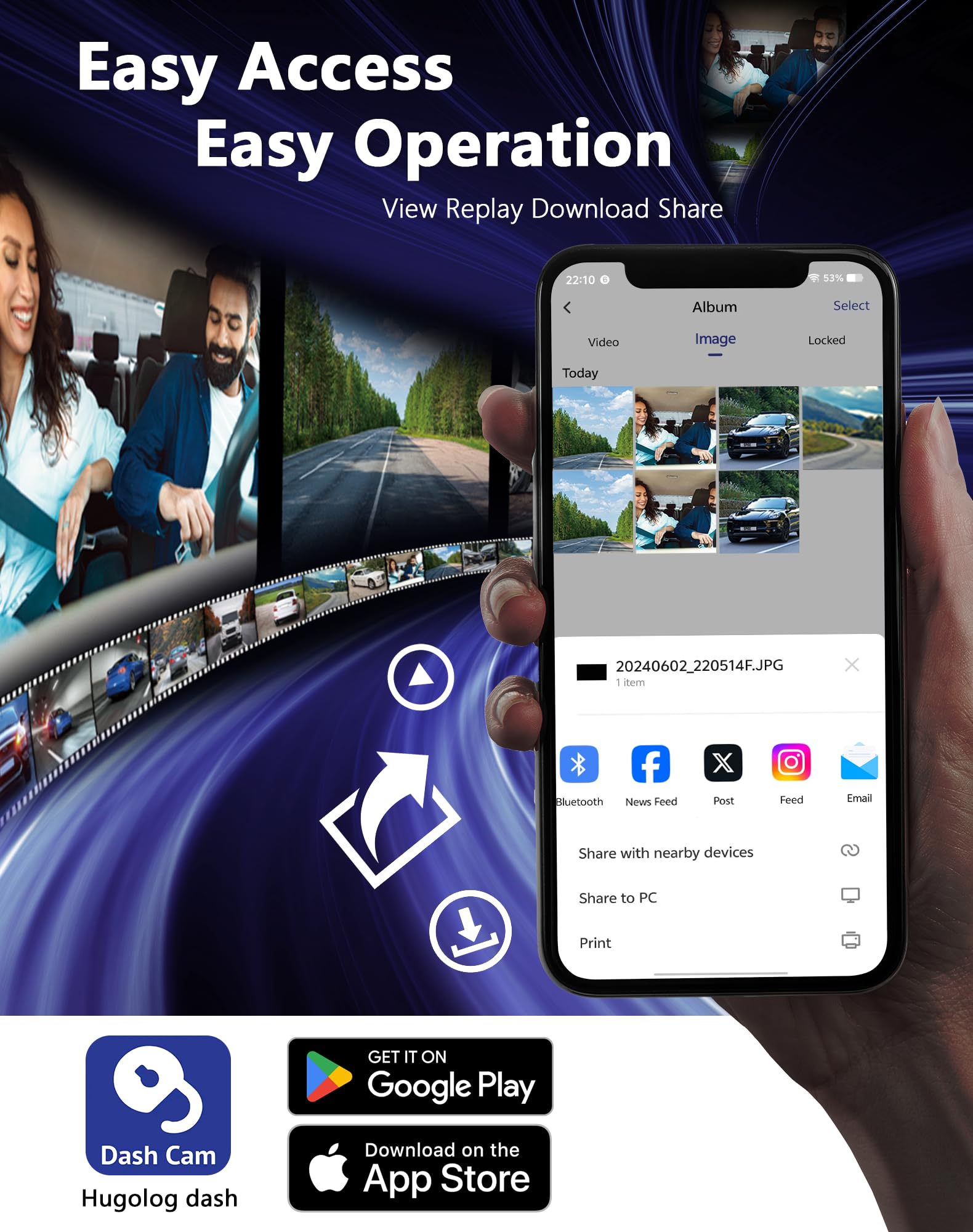 Hugolog 3 Channel Dash Cam 4K+1080P+1080P Hd Triple Dashcam With 5G Wifi, 3'' Ips Touch Screen, Front And Rear Inside Loop Recor