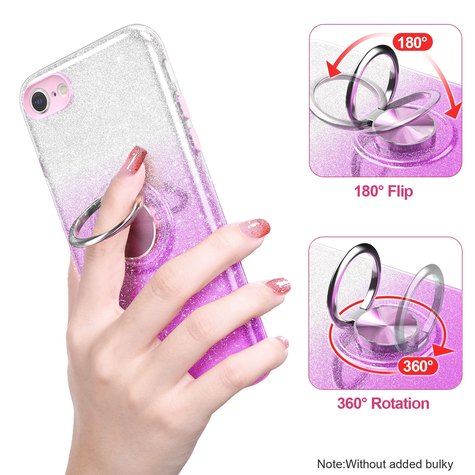PeeTep iPhone SE 2020/SE 3/8/7 Glitter Phone Case Ring Holder Kickstand Magnetic Mount Shock-Absorbent Purple