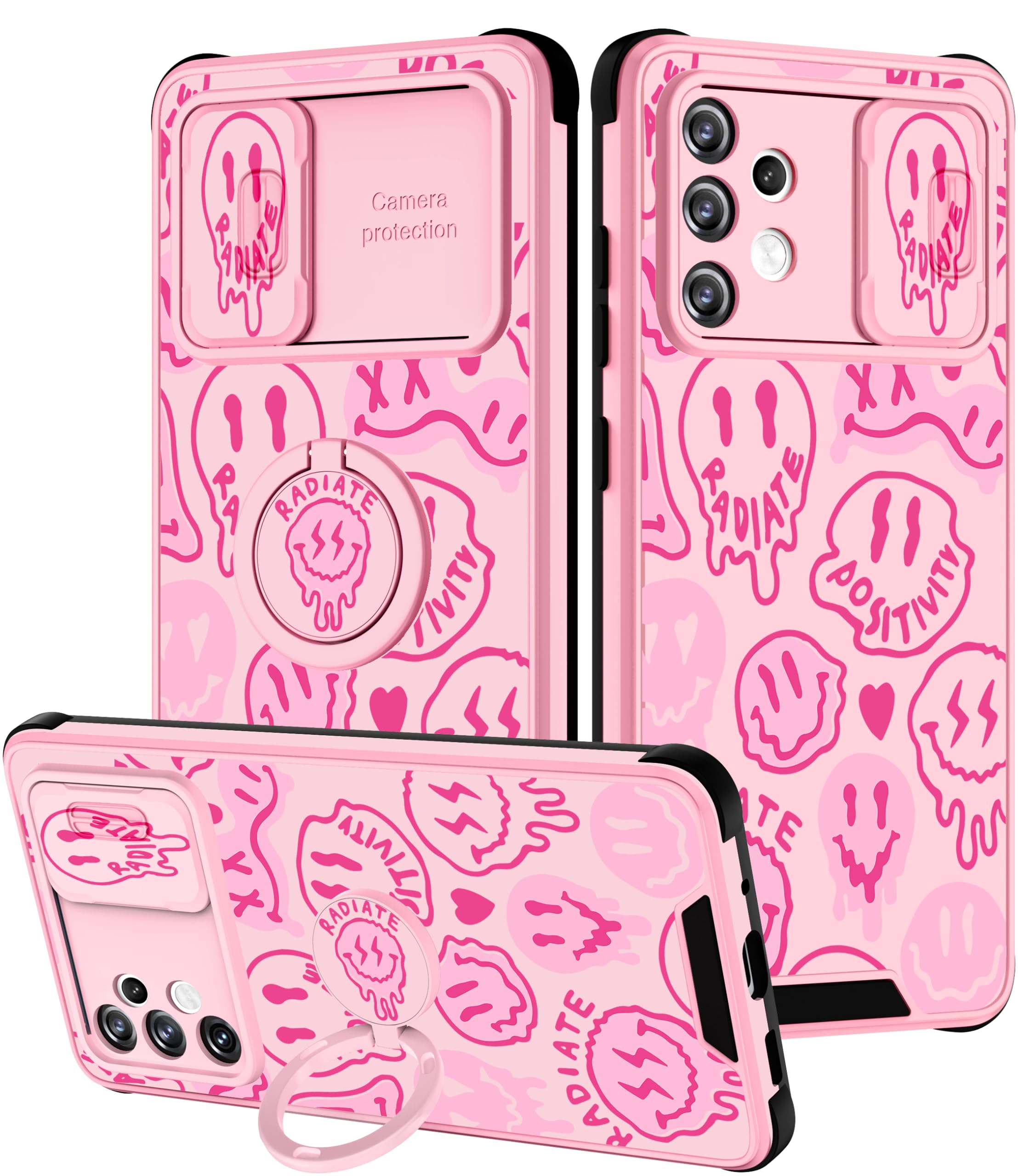 Goocrux (2In1 For Samsung Galaxy A32 5G Case Smile Face Cute Women Girls Phone Cover Smile Design With Slide Camera Cover+Ring H