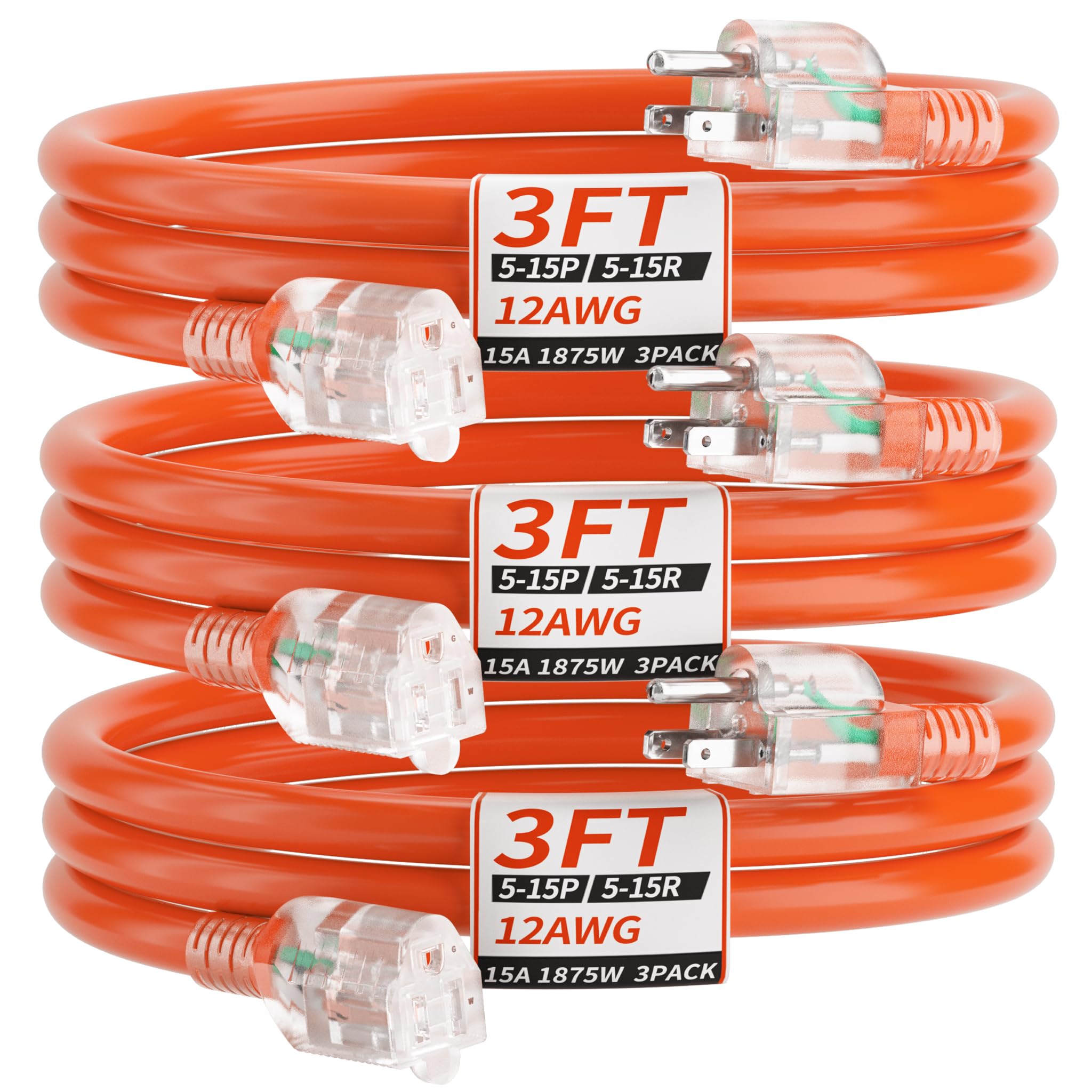Plugsaf 3 Pack 3Ft 12/3 Gauge Outdoor Extension Cord Waterproof With Lighted Indicator, 12 Gauge Heavy Duty 15Amp 1875W, 3 Prong