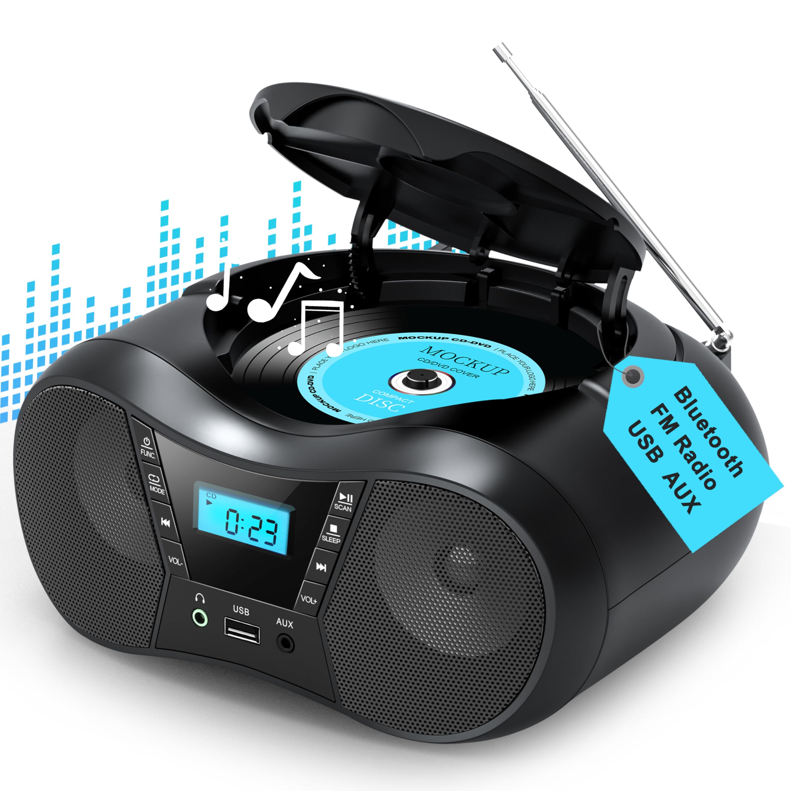 Boombox Portable Cd Players For Home With Bluetooth, Boombox Cd Player Fm Radio Combo, Stereo Sound, Ac/Battery Powered, Cd/Cd R