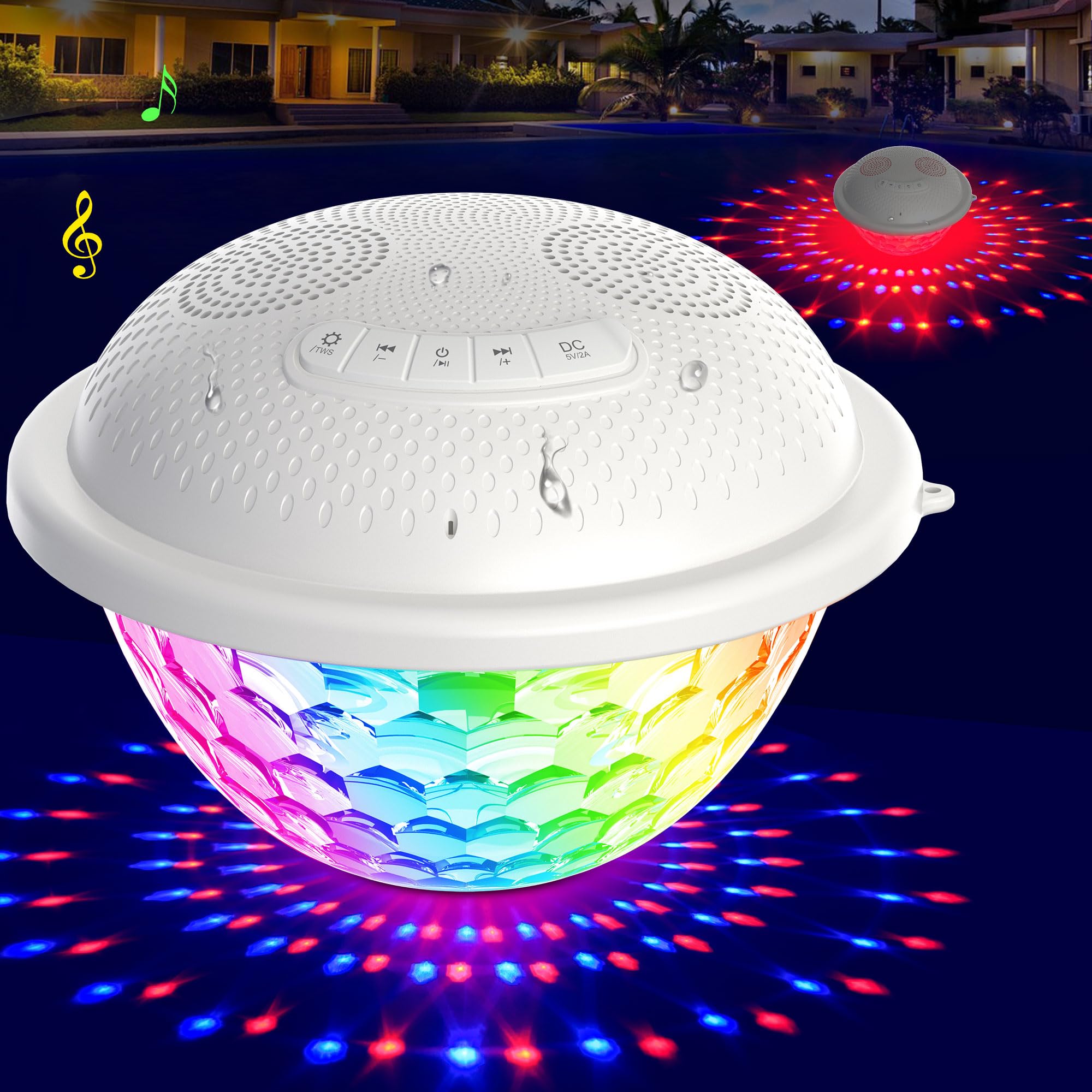 Kingsom Floating Pool Speaker,Bluetooth Pool Speaker With Led Light,Ip68 Waterproof Hot Tub Speaker,16W Loud Stereo Sound Floating Speaker,Tws Pairing,Built In Mic,Portable Wireless Speaker For Shower