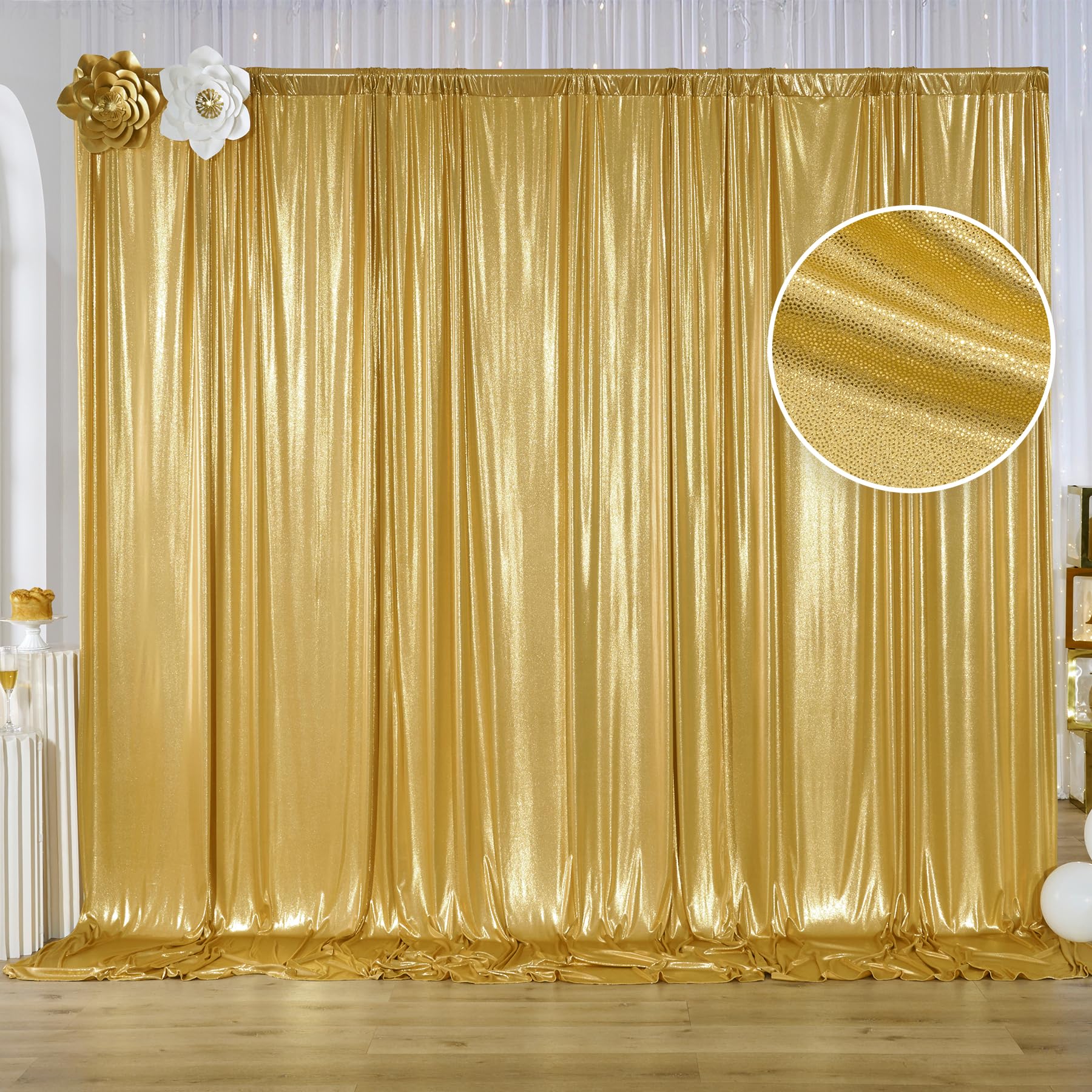 10x10 ft Gold Sequin Backdrop Curtain Panels for Parties, Wrinkle Free Glitter Photo Backdrop Drapes 2 Panels 5x10FT Shimmer Bac