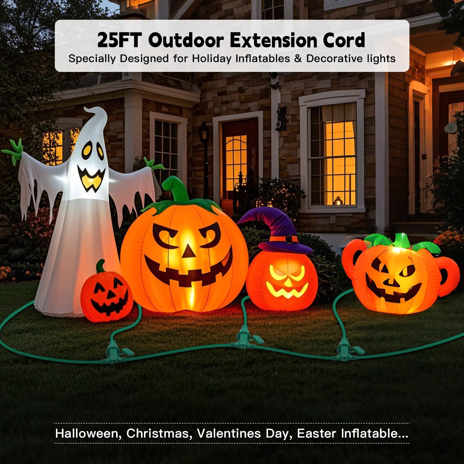 25Ft Outdoor Extension Extension Cord For Halloween Christmas Inflatables With Multiple Outlets Green Electrical Cord With Multi
