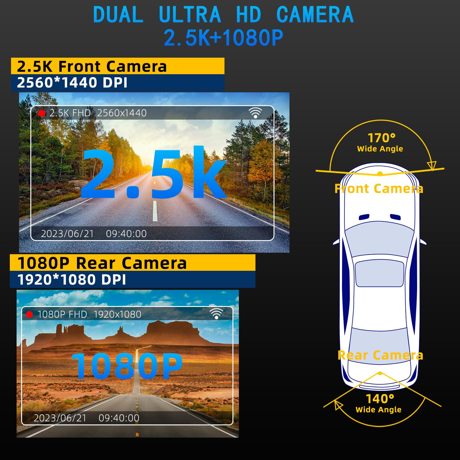 Dash Cam Front And Rear 2.5K+1080P Fhd Wifi Dual Dash Camera For Cars, 170 Angle Dashboard Camera With 64G Sd Card, App Control,