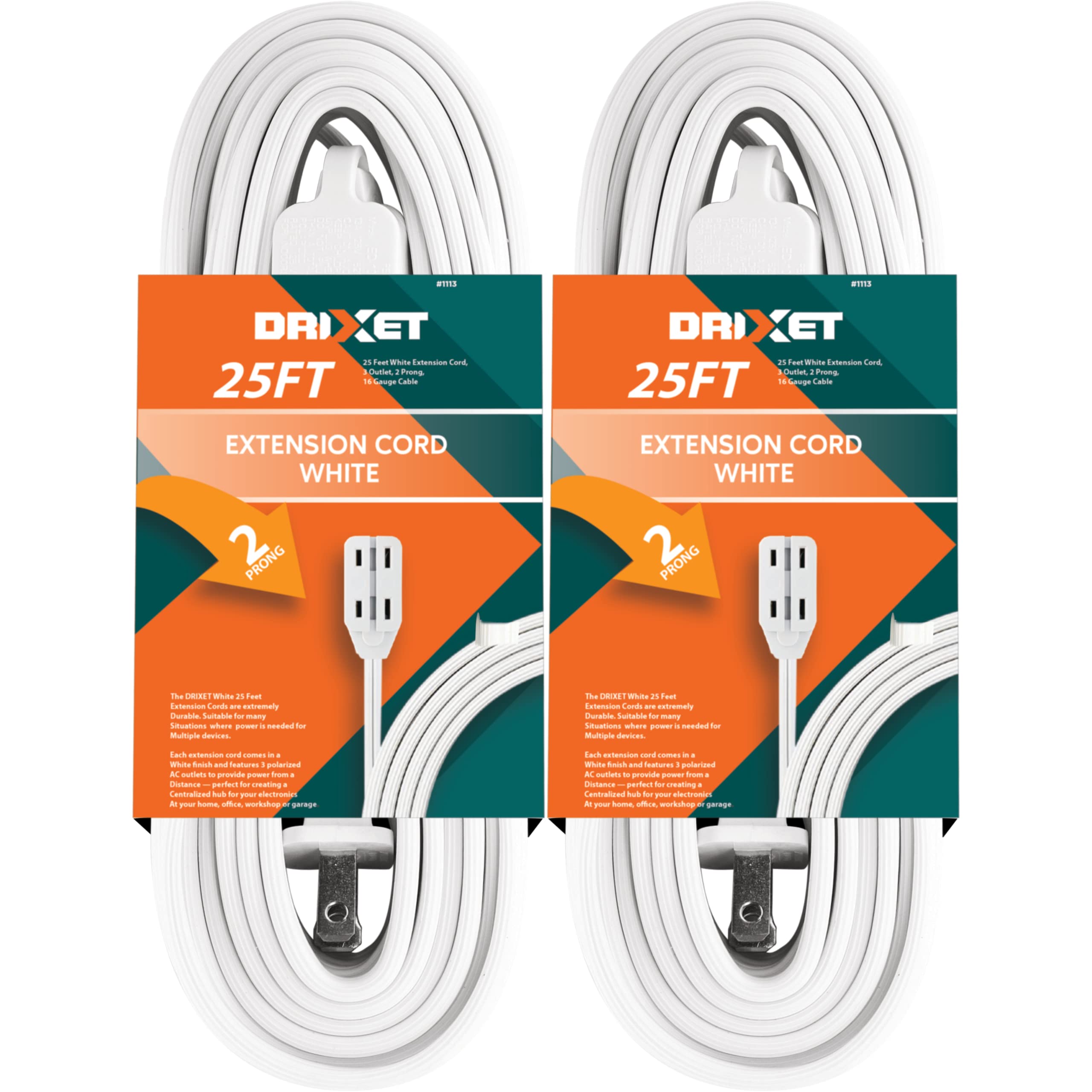 25 Feet White Extension Cord, 3 Outlet, 2 Prong, 16 Gauge Cable, 3 Receptacle Cube Tap, Indoor Use, (2 Pack)   By Revpex