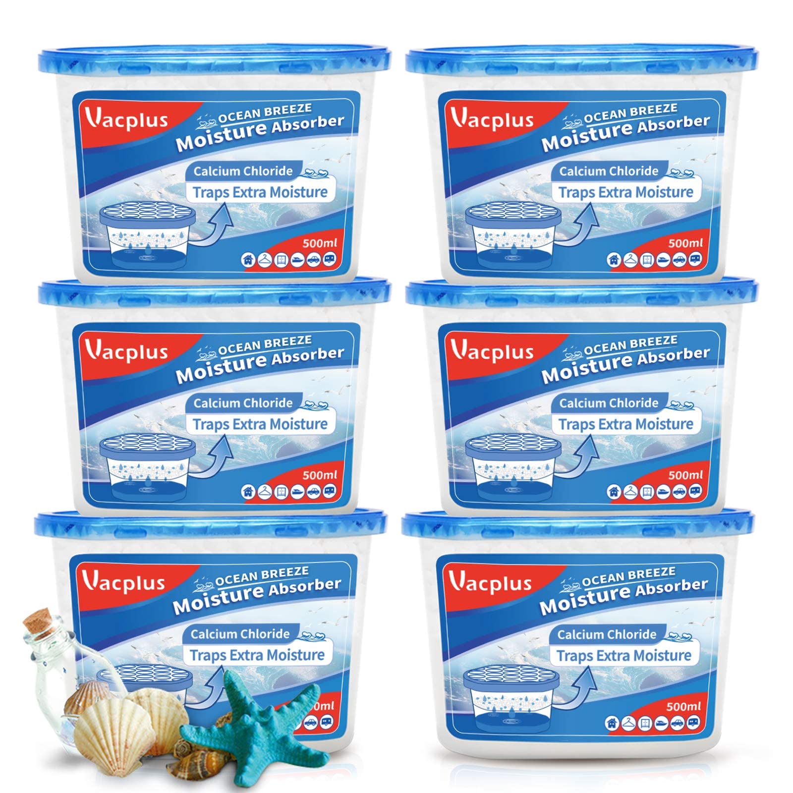 Vacplus Ocean Fragrance Moisture Absorber (6 Pack), 10.5 Oz, Humidity Absorber Attracts Extra Moisture From Your Bathroom, Close