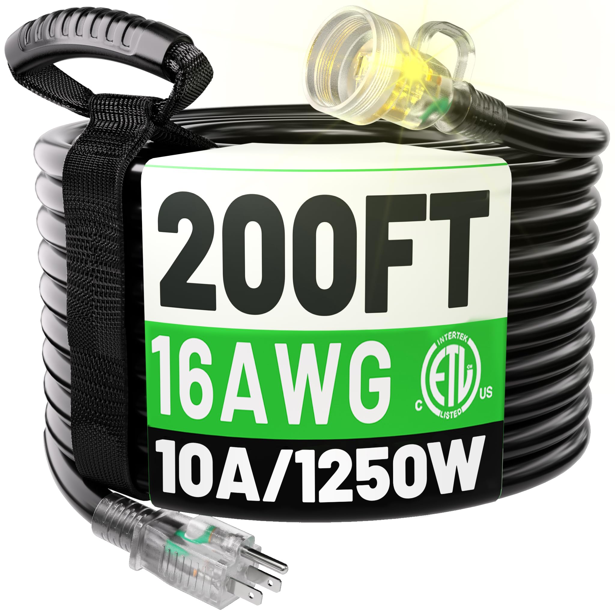 Powgrn 200Ft 16 Gauge Black Outdoor Extension Cord Waterproof, 3 Prong Flexible Cold Weatherproof  58? Heavy Duty Extension Cord