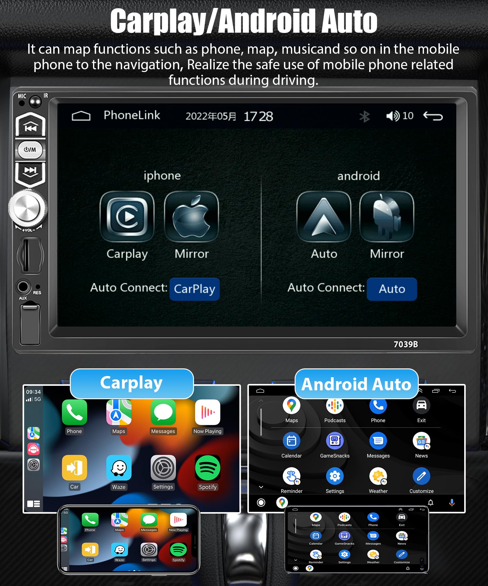 Hodozzy Single Din Car Stereo 7 Inch Touchscreen With Carplay Android Auto Bluetooth 5.1 Car Radio 1 Din Support Mirror Link Fm