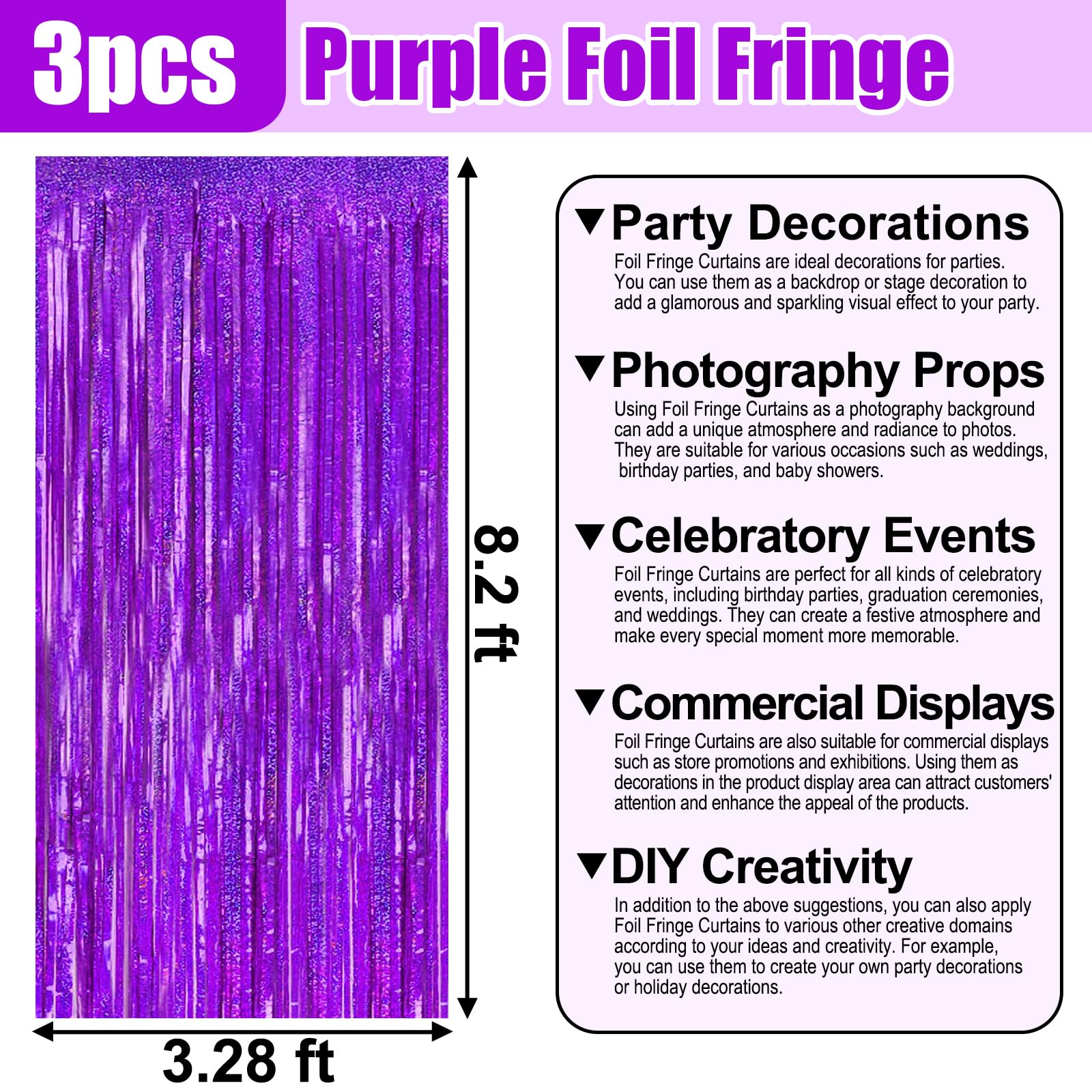 3 Pack Purple Foil Fringe Curtain Backdrop, 3.28Ft X 8.2Ft Metallic Tinsel Foil Fringe Streamer Curtains For Photo Booth, Valent