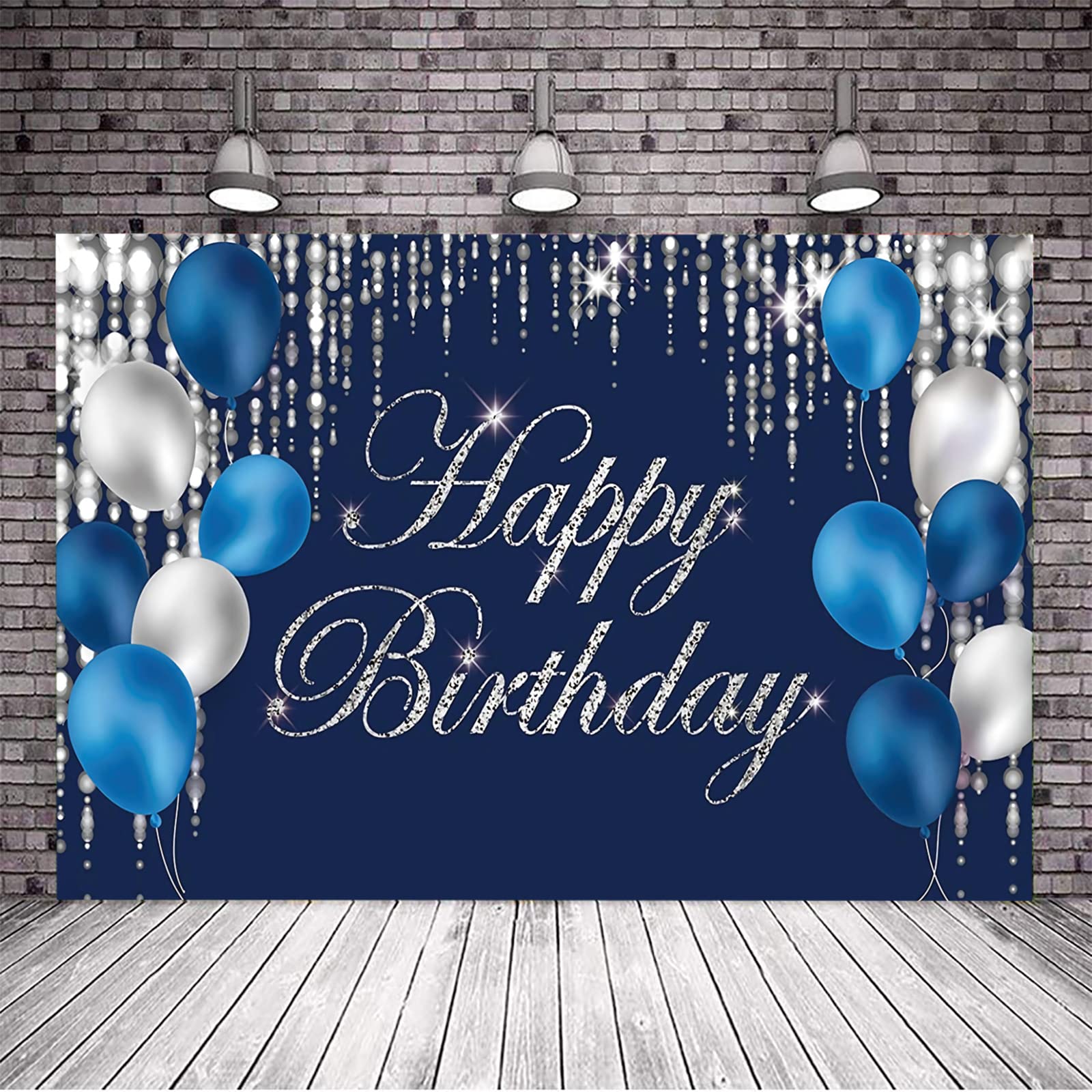 Happy Birthday Backdrop Navy Blue And Silver Happy Birthday Sign Blue Happy Birthday Banner Photo Studio Backdrop Birthday Party