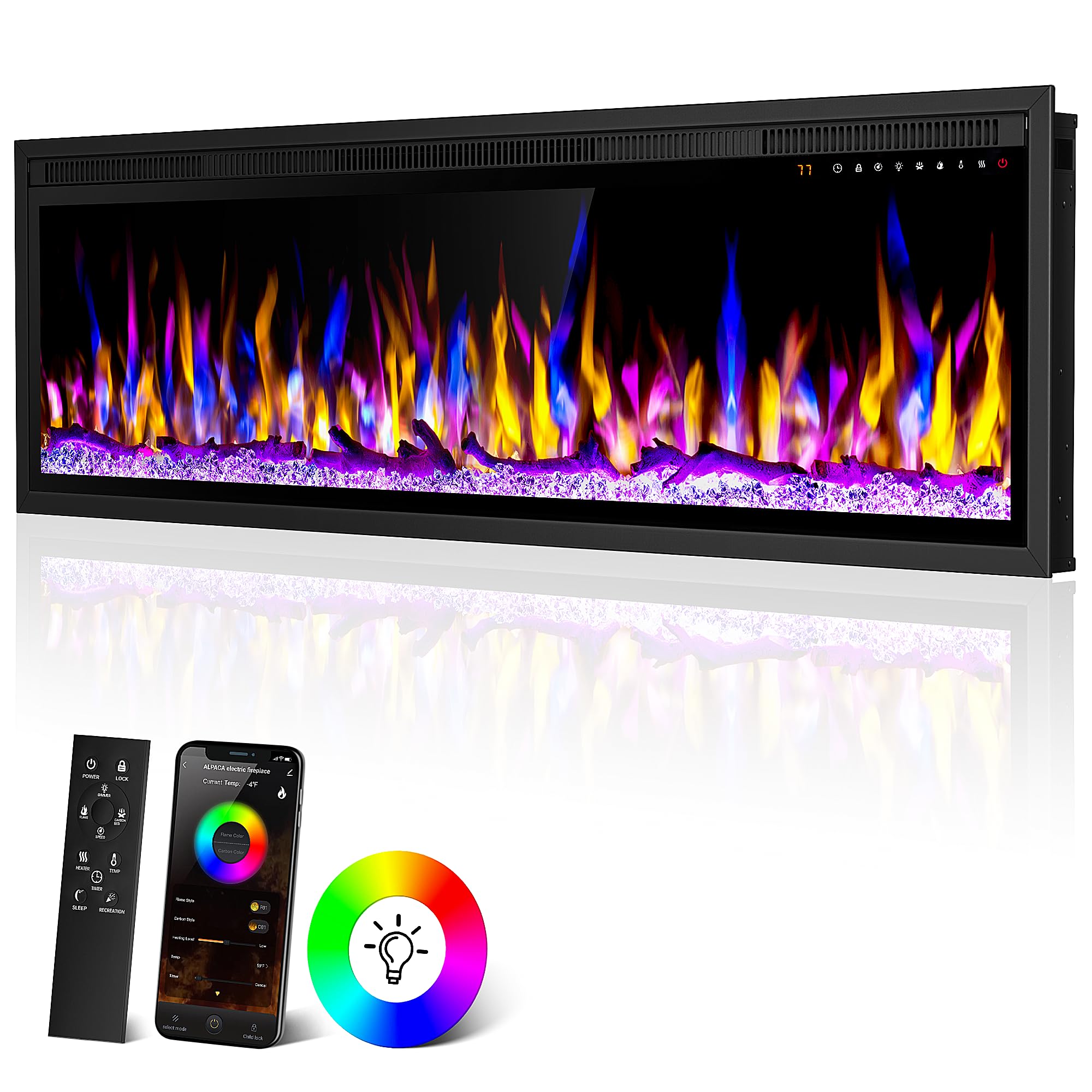 Smart 60'' Wifi Enabled Electric Fireplace Heater, Recessed In Wall And Wall Mounted Linear Fireplace,Compatible With Alexa,13 A