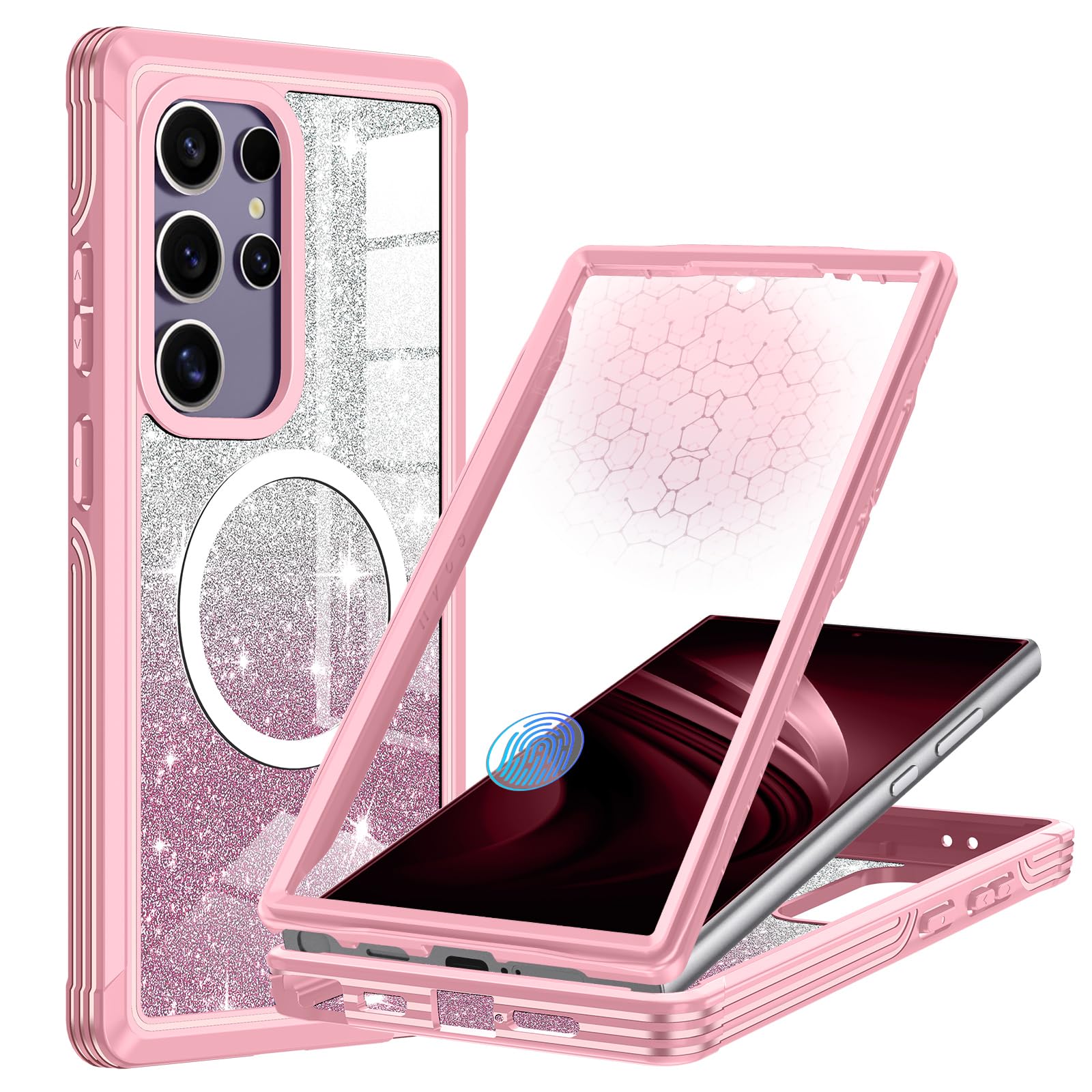 Hensione For Galaxy S24 Ultra Case,Compatible With Magsafe,Magnetic Glitter Case Built-In 9H Tempered Glass Screen Protector,Sho