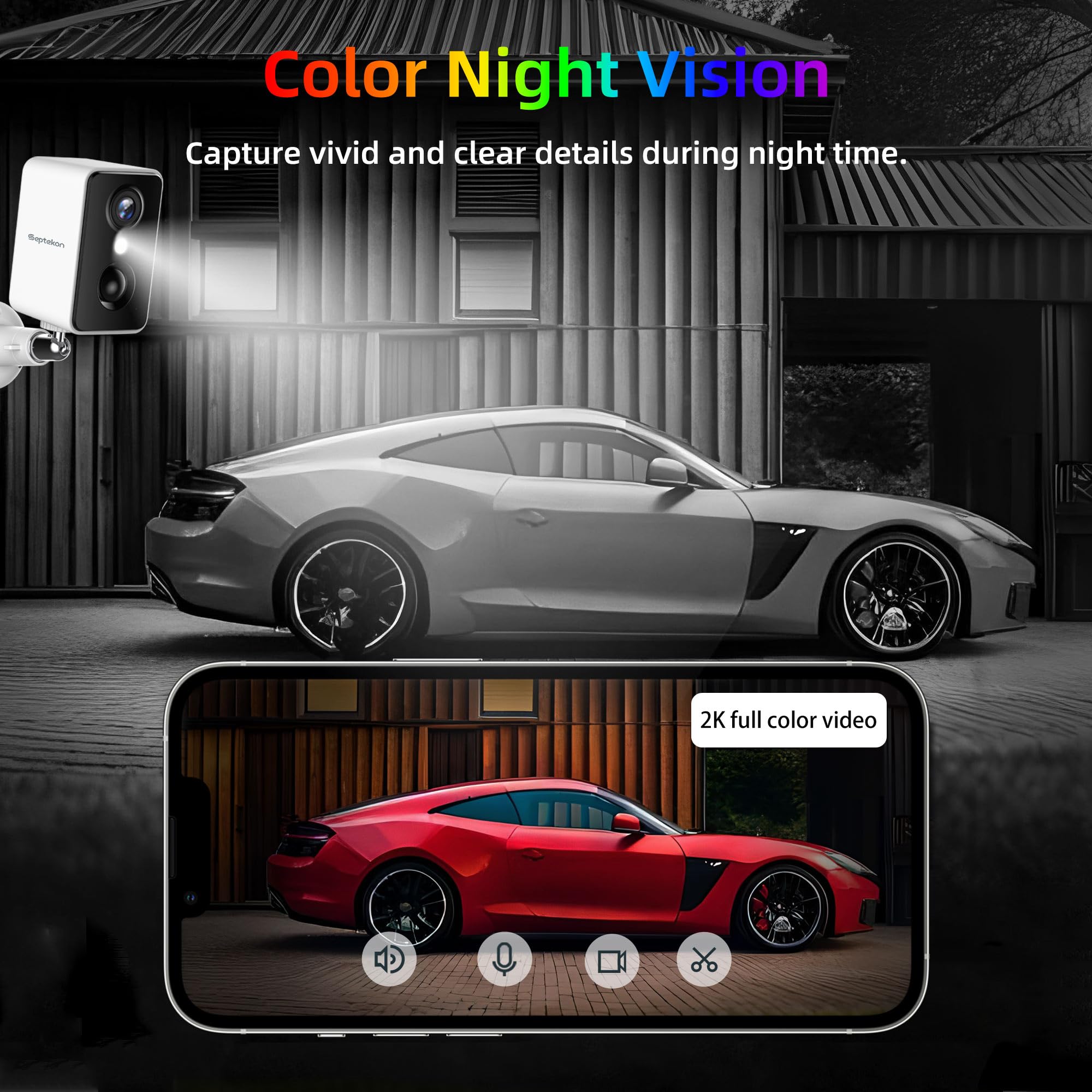 Septekon 2K Security Cameras Wireless Outdoor 2 Pack, Solar Battery Powered Camera With Two Spotlights, Pir Motion Detection Sir