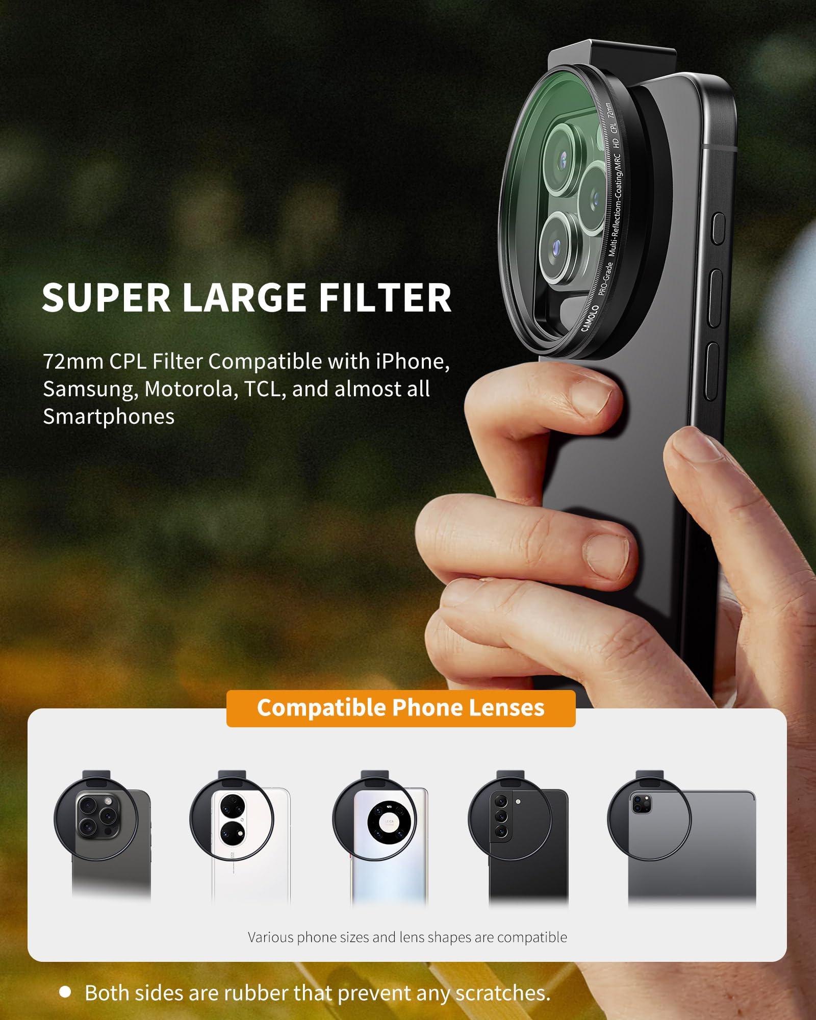 CAMOLO GEEK 72mm CPL Filter for Phone Camera Polarized Lens with Cold Shoe Clip Aluminum 4421CP