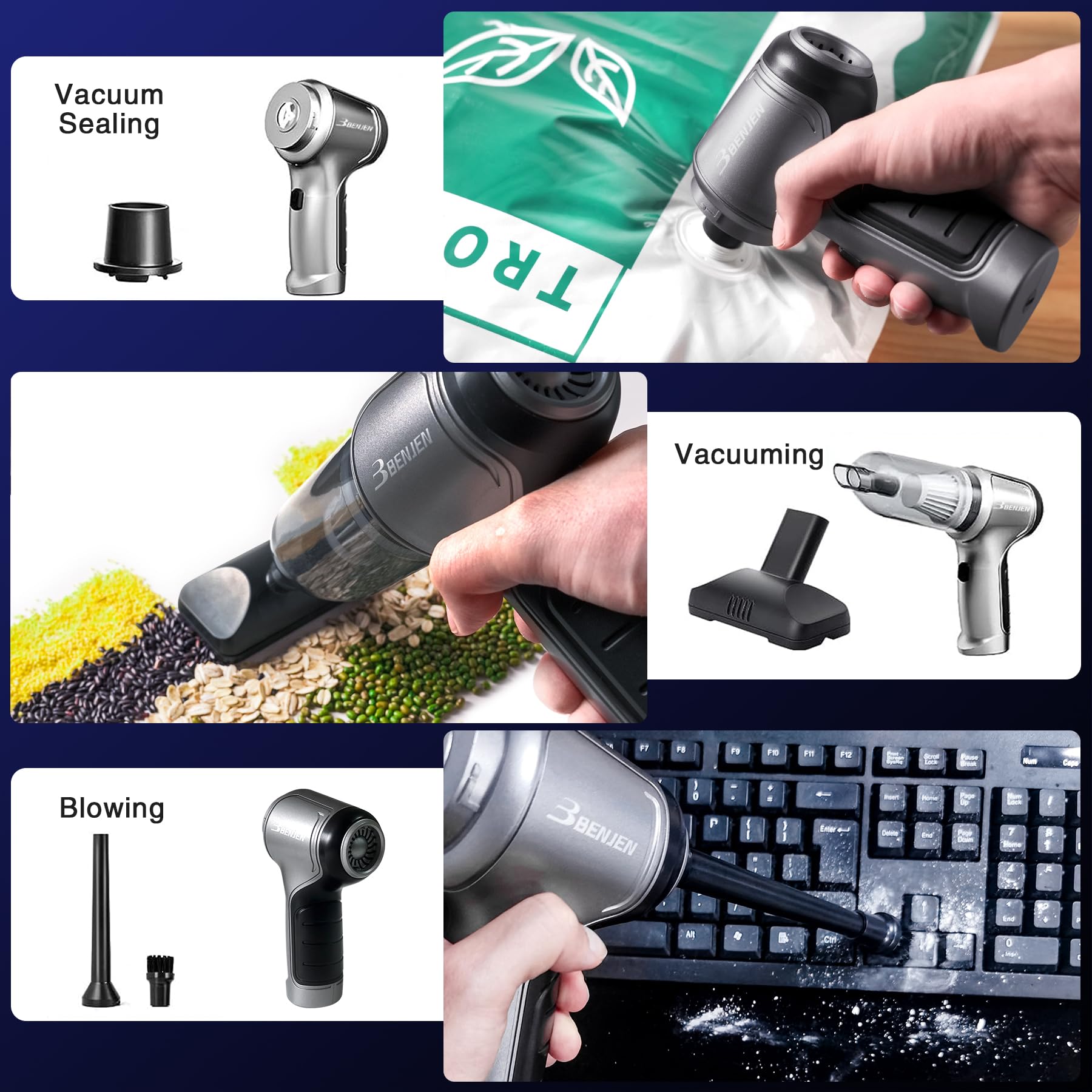 Benjen Mini Car Vacuum Cleaner, 15000Pa High Power, 3 In 1 Handheld Vacuum Cleaner With Brushless Motor, Portable Cordless Vacuu