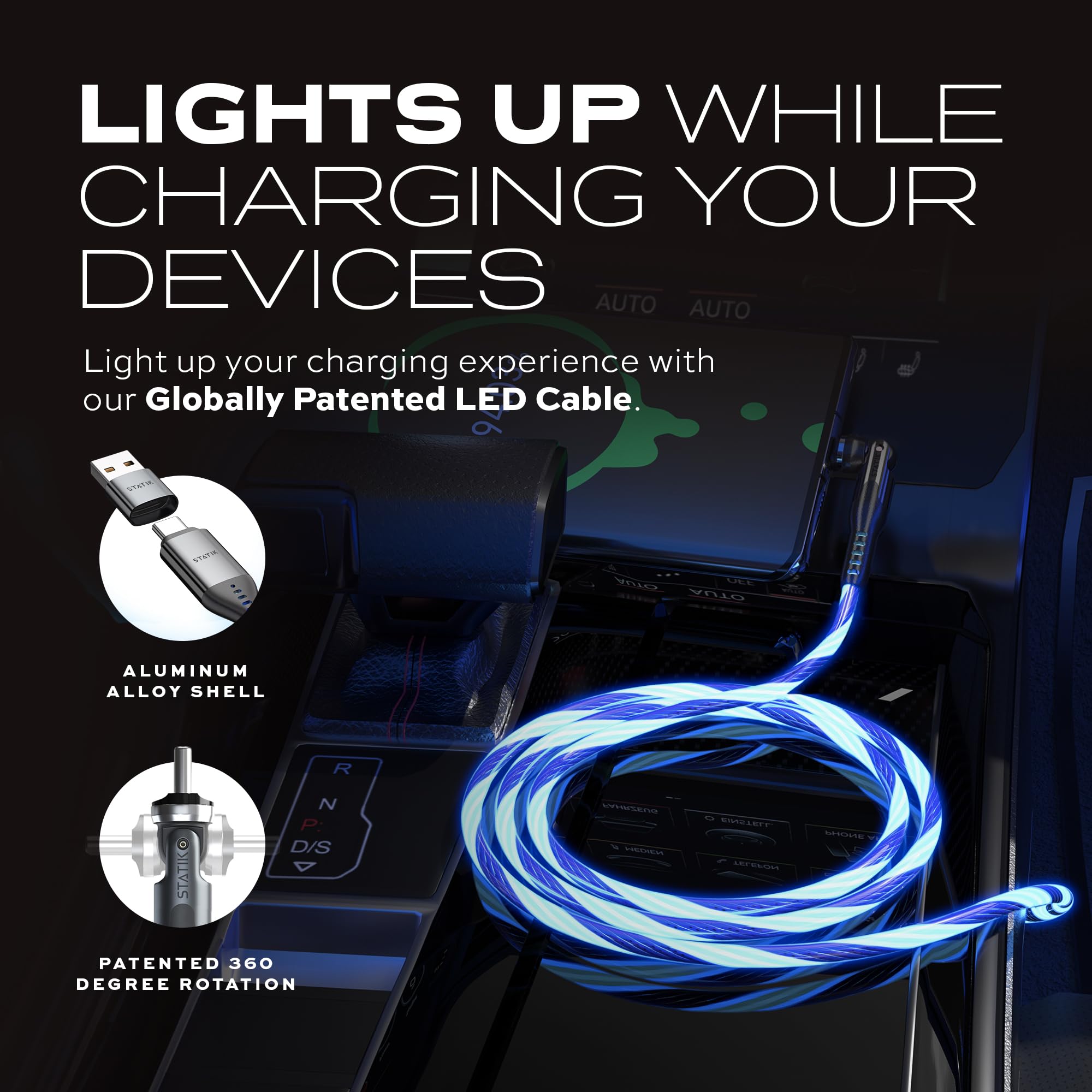 Statik Powerpivot Globright Pro Right Angle Charging Cable, Light Up Swivel Head Charging Cable, 60W Usb C Fast Charging Cable,