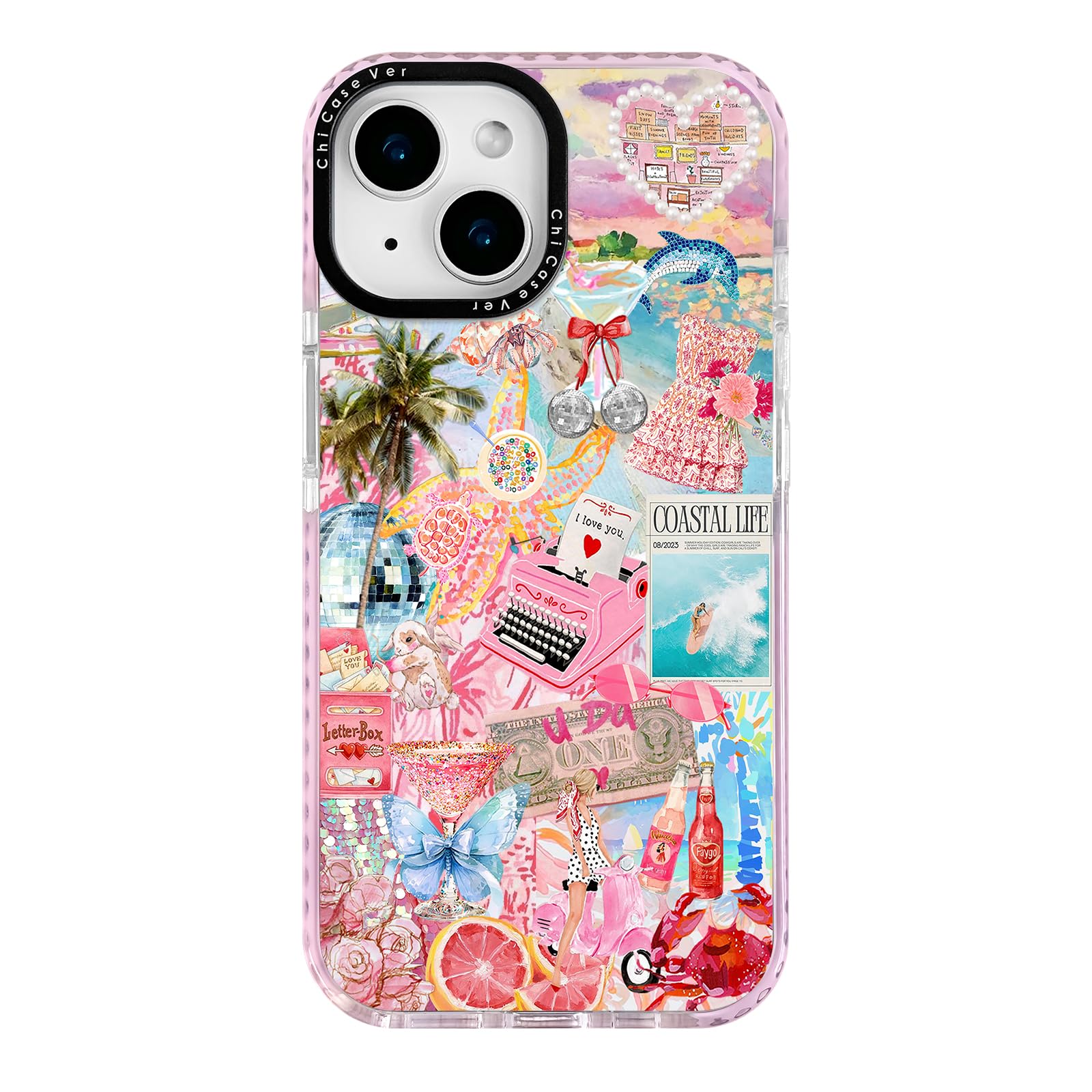 ChiCaseVer for iPhone 14 Plus Case, Coastal Life Pattern with Tropical Collage, Military-Grade Drop Protection, Trendy Soft Slim