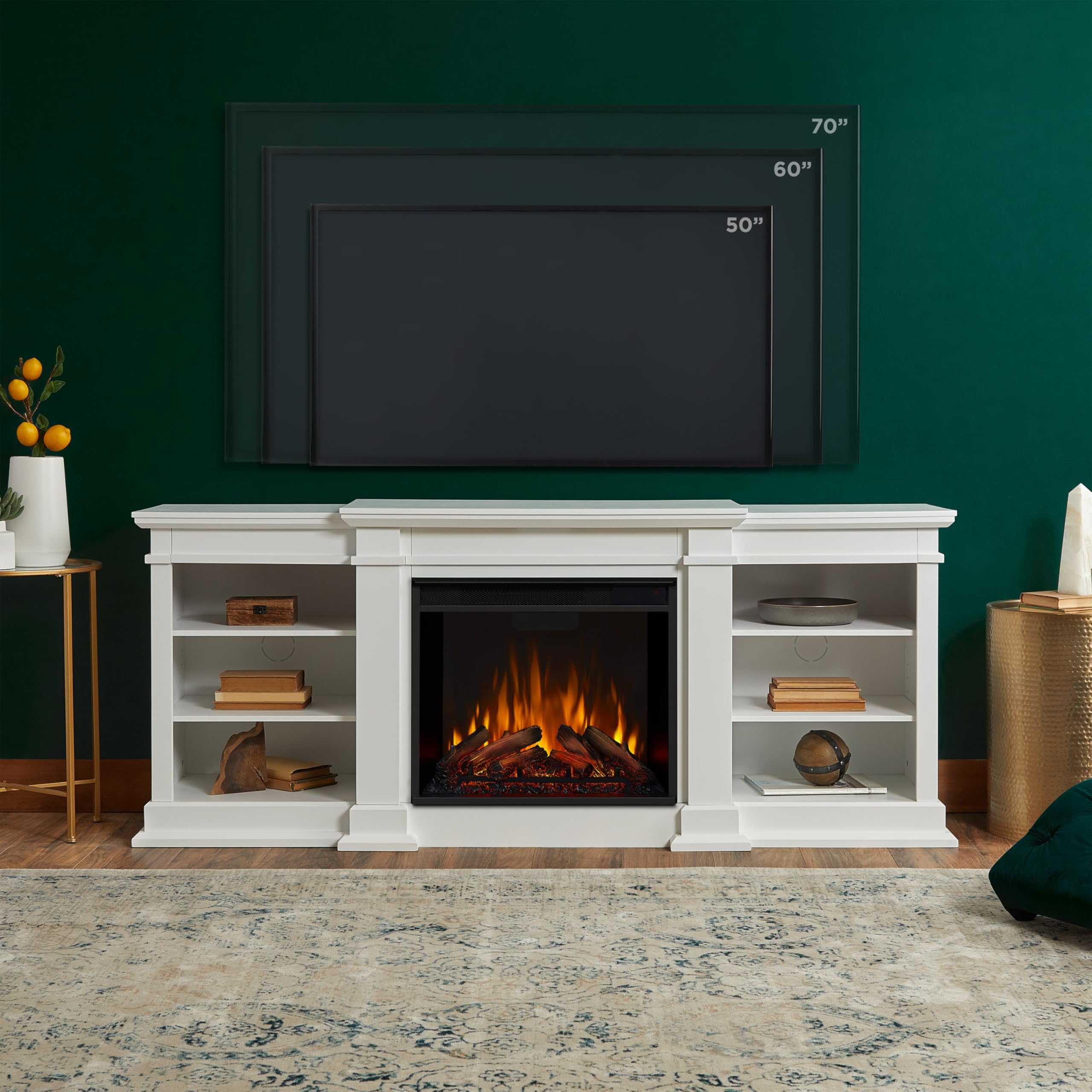 Real Flame Fresno 72'' Tv Stand With Electric Fireplace In White, Entertainment Center With Electric Fireplace, Living Room Tv S