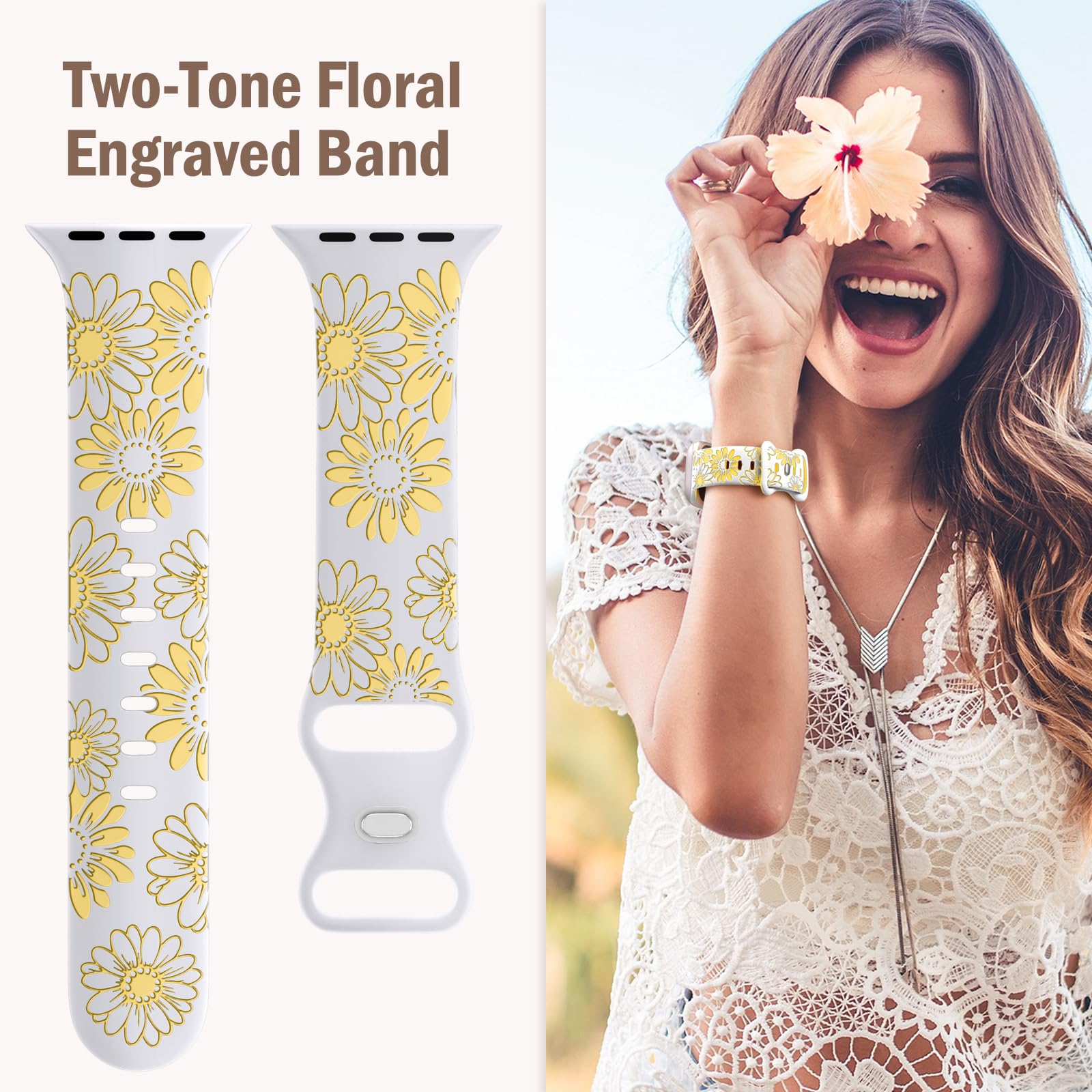 Daqin Floral Engraved Band Compatible With Apple Watch Band 46Mm 45Mm 44Mm 42Mm 49Mm 41Mm 38Mm 40Mm Women,Cute Flower Soft Silic