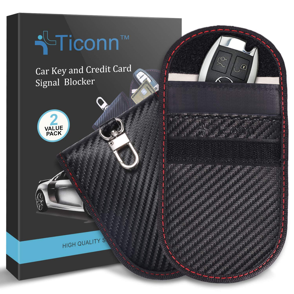 Ticonn 2Pk Faraday Bag For Key Fob, 3.5''X5.0'' Faraday Cage Protector, Car Rfid Signal Blocking, Anti-Theft Pouch Anti-Hacking 