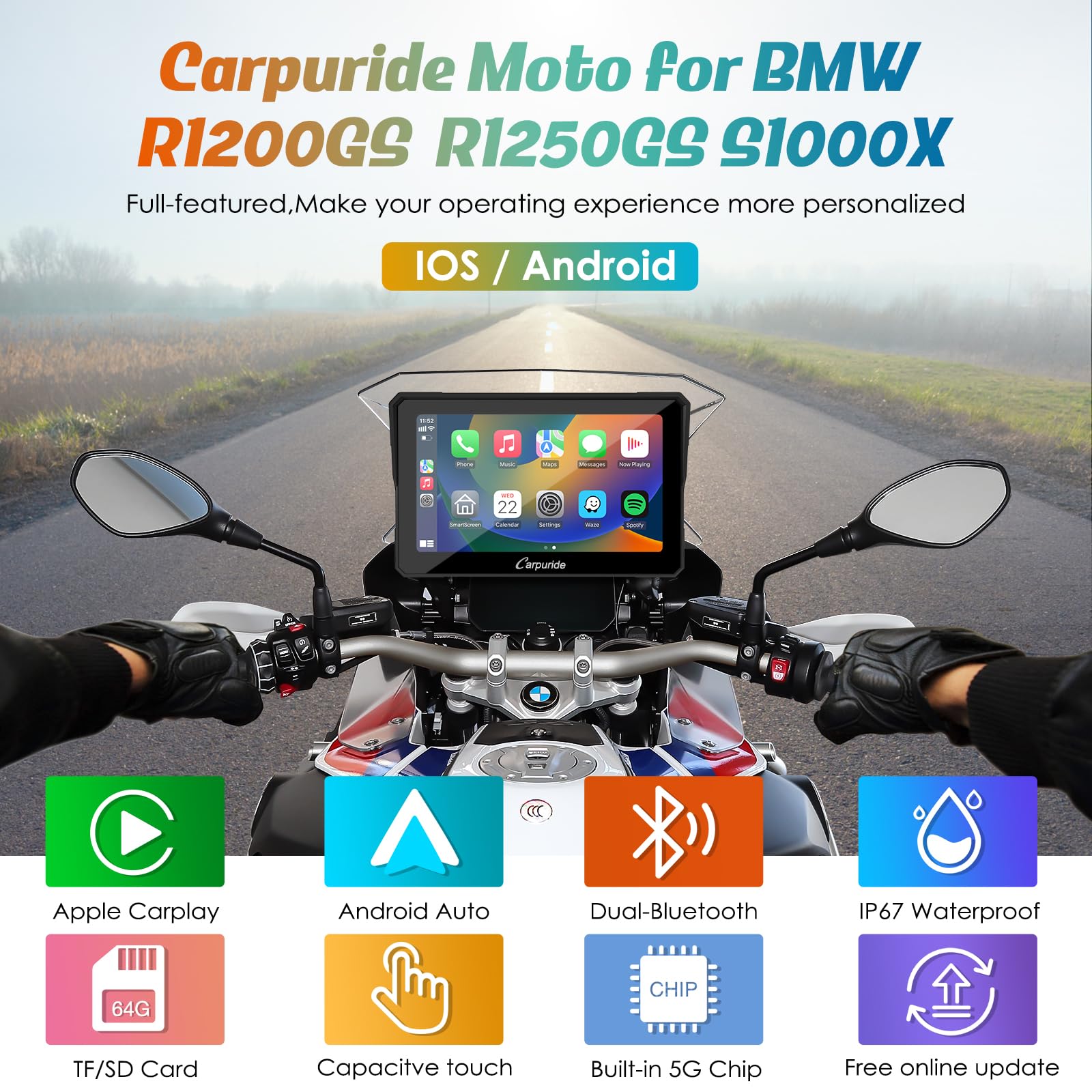 Carpuride W702B Motorcycle Carplay Screen For Bmw R1200Gs R1250Gs S1000Xr Motorcycle, 7 Inch Waterproof Touchscreen, Portable Carplay/Android Auto Gps Navigation For Motorbike, Dual Bluetooth