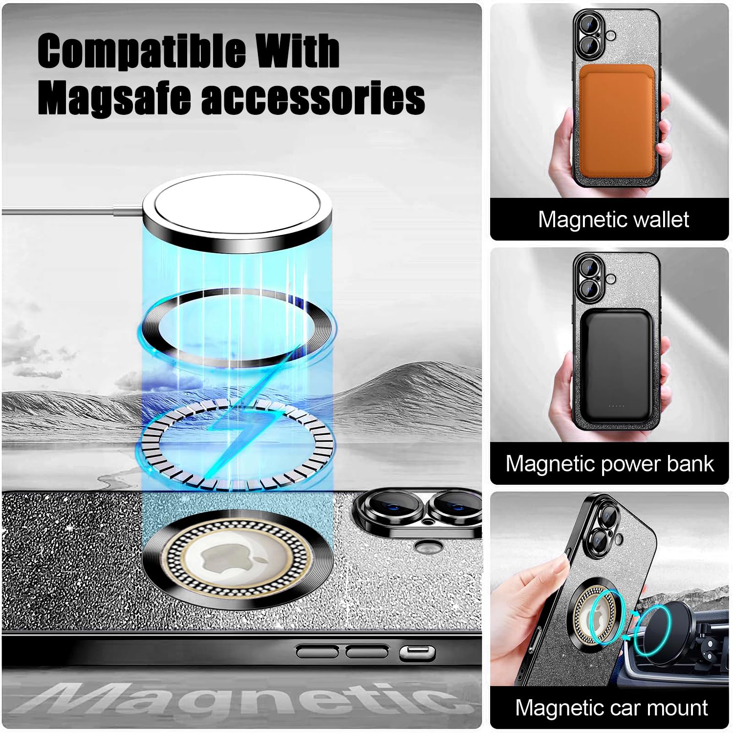 Misscase For Iphone 16 Magnetic Glitter Case Compatible With Magsafe,Full Protection Slim Shockproof Anti Scratch Case With Came