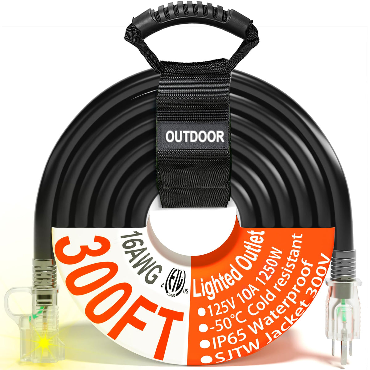 Huanchain 16/3 Gauge 300 Ft Black Outdoor Extension Cord Waterproof With Lighted End, Flexible Cold Resistant 3 Prong Long Exten