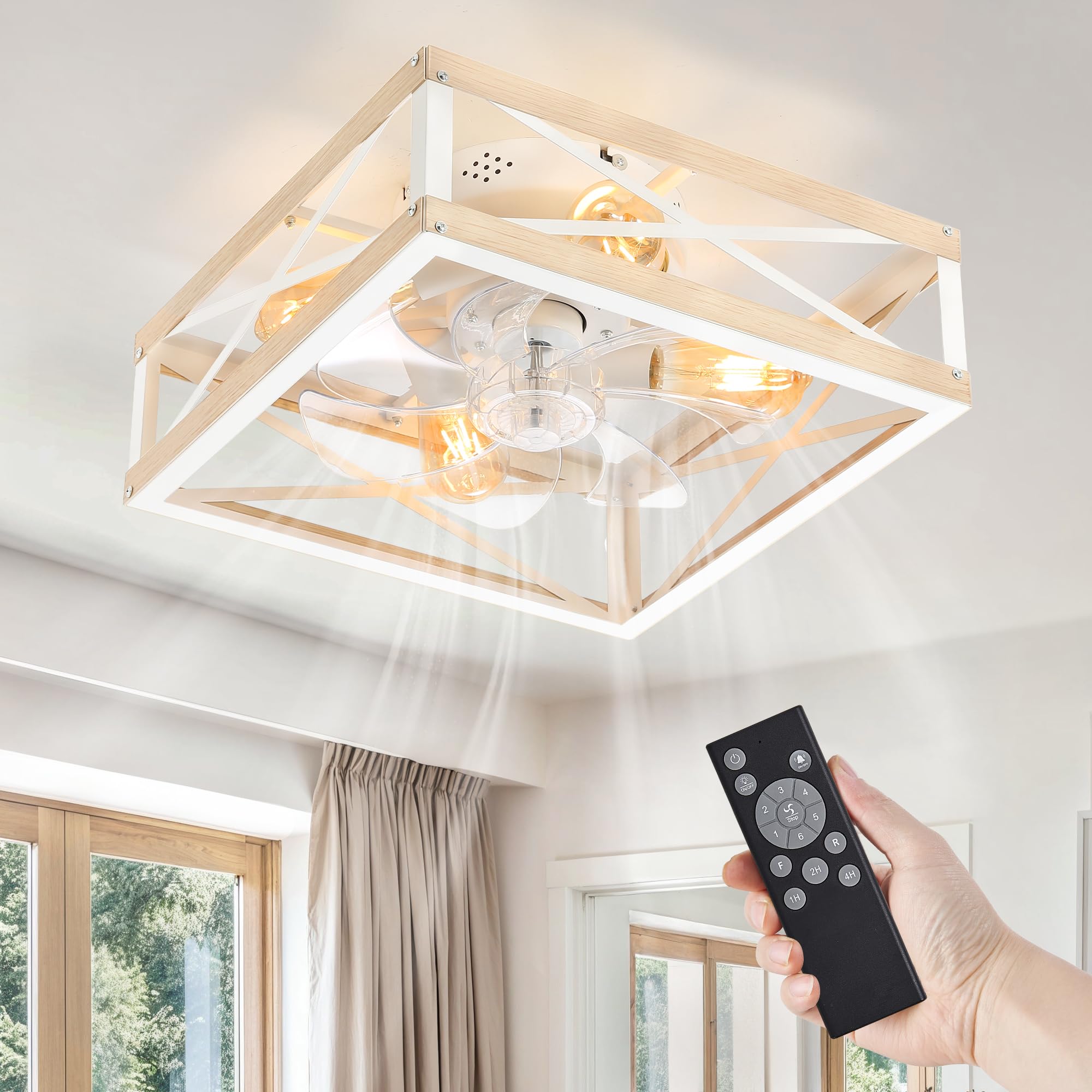 LEDIARY Caged Flush Mount Ceiling Fans with Lights and Remote, Farmhouse Square Low Profile Ceiling Fan, 6 Speed and Reversible,