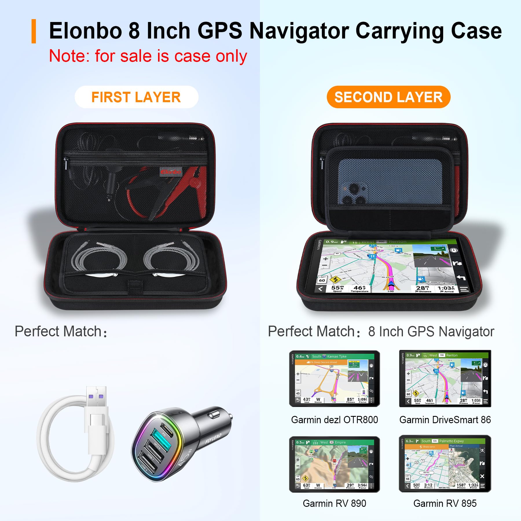 Elonbo Gps Carrying Case For 8 Inch Garmin Drivesmart 86 / Garmin Dezl Otr800 / Dezl Otr810 / Garmin Rv 890 / Rv 895 Gps Navigat
