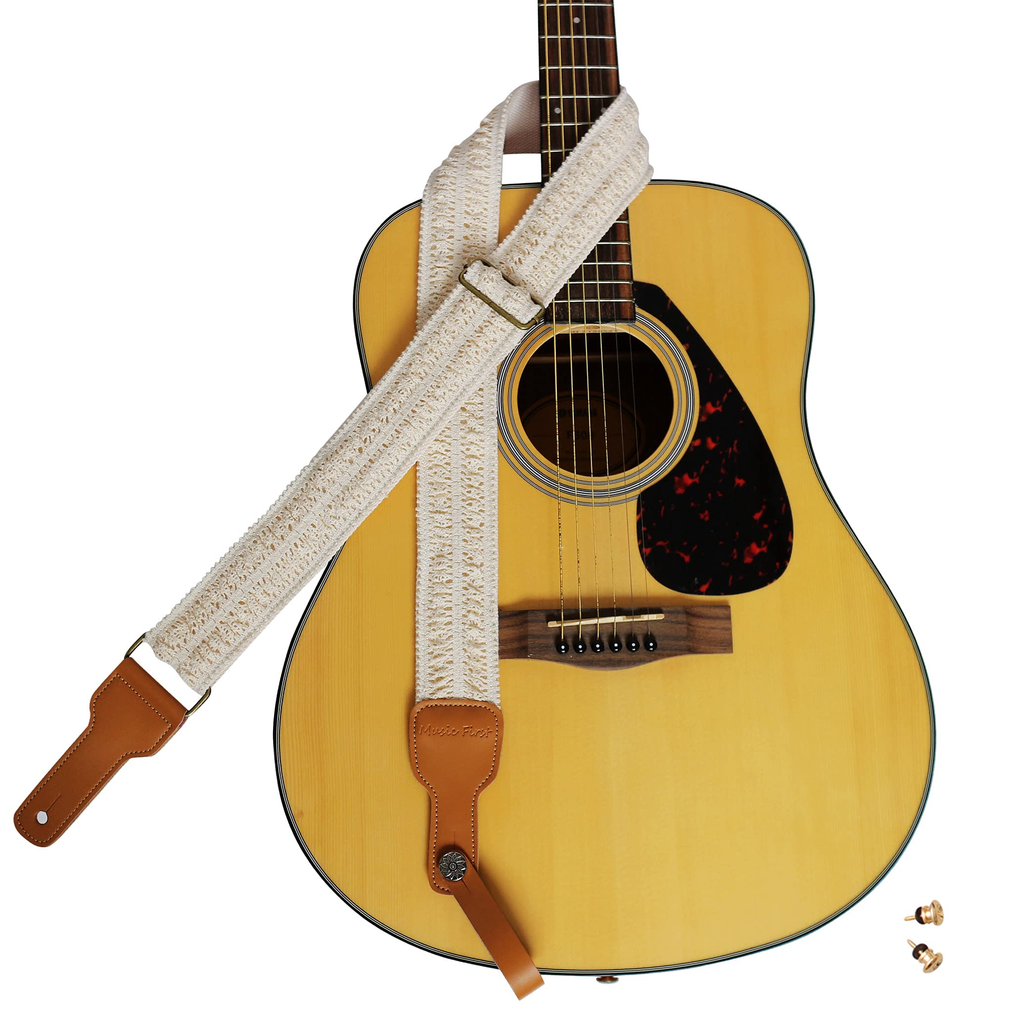 Music First Original Design, 2 Inch Width (5Cm), Cream Graceful & Vintage''Lace'' Soft Lace & Genuine Leather Delux Guitar Strap