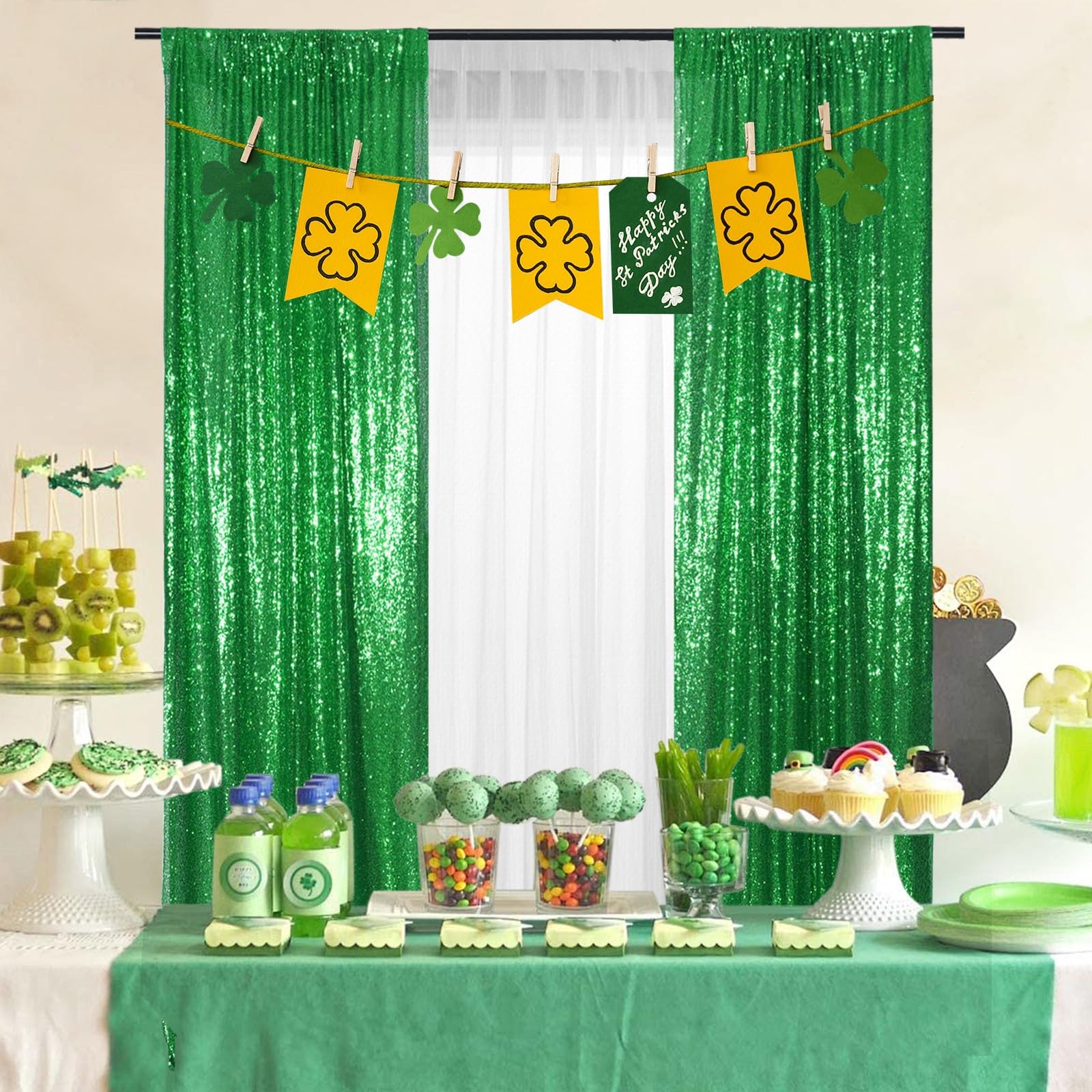 Partydelight Green 2Ft X 8Ft Sparkly Sequin Backdrop Curtains, 2 Panels, For Wedding, Party, Room Decorations