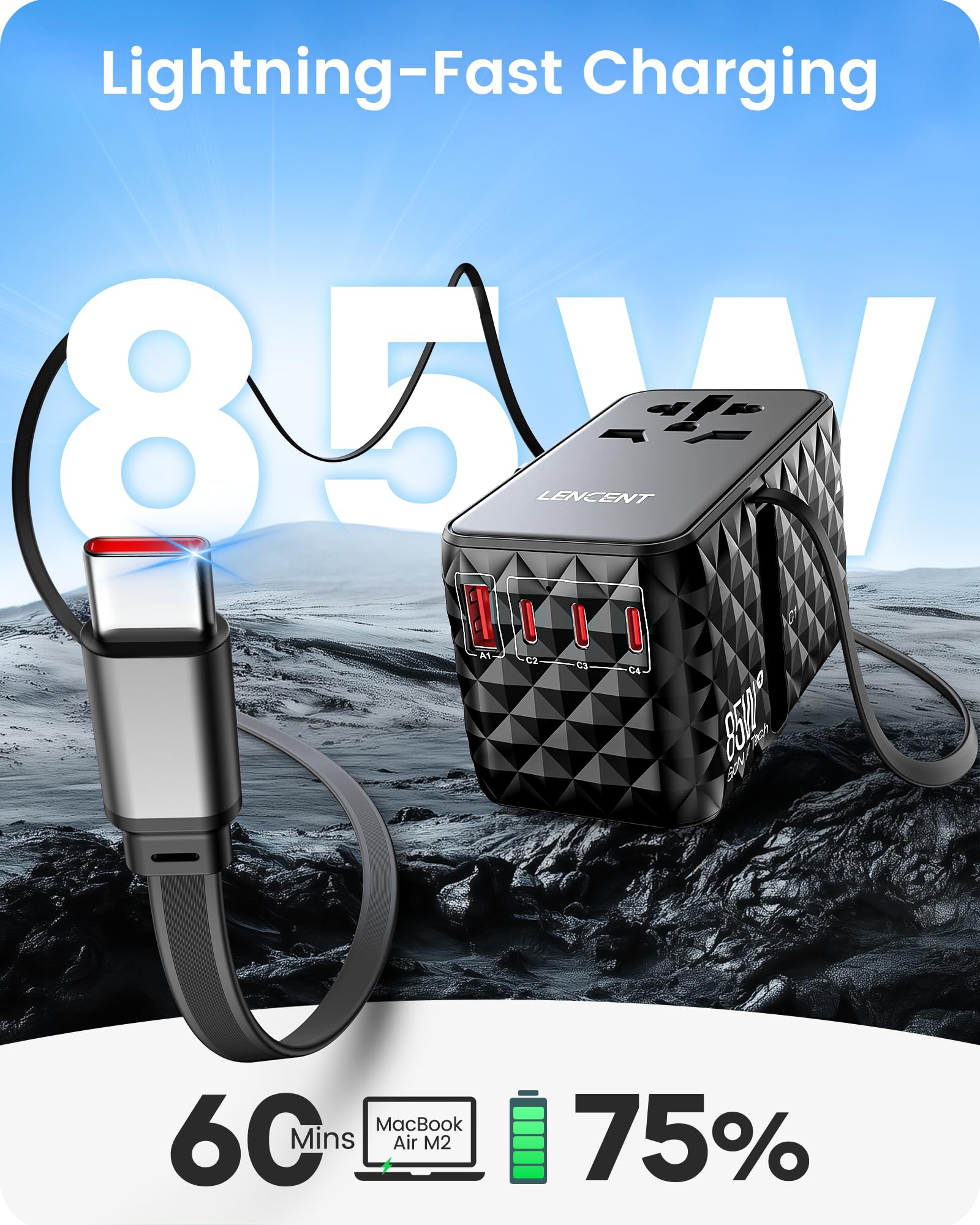 Lencent 85W Universal Travel Power Adapter With Retractable Usb C Cable, Gan International Travel Adapter With 1 Usb A & 3 Type