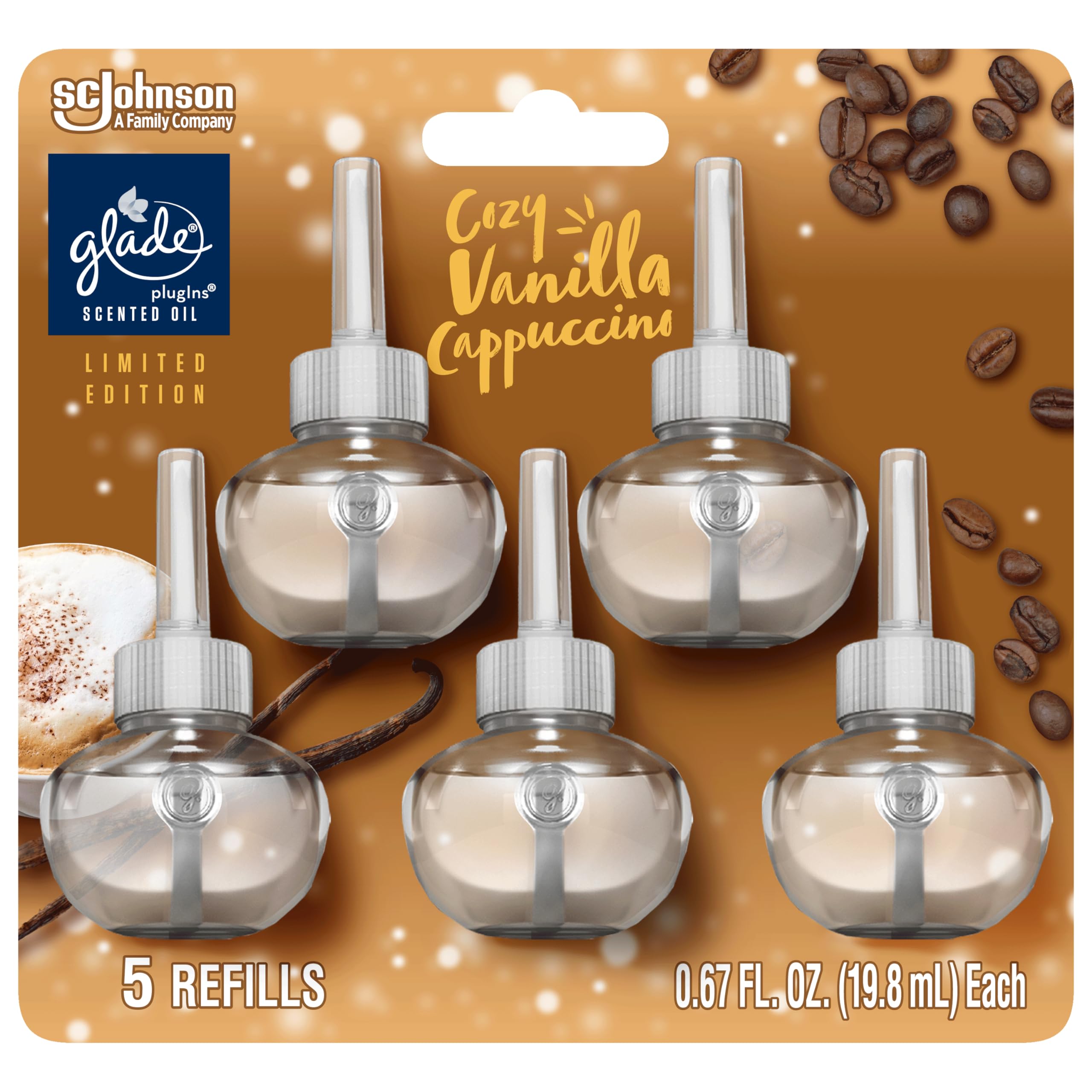 Glade Plugins Refills Air Freshener, Scented And Essential Oils For Home And Bathroom, Cozy Vanilla Cappuccino, Limited Edition