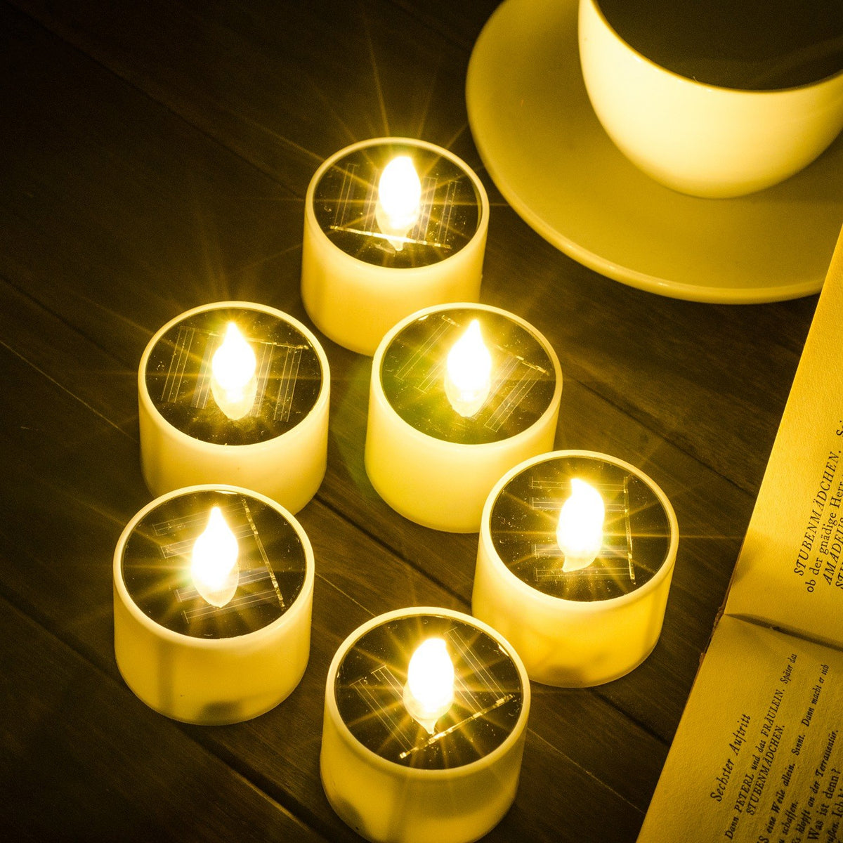Soulbay 6Pcs Solar Power Tea Lights Outdoor Candle Flameless Flicker Ip65 Waterproof Rechargeable Led Candles With Dusk To Dawn 