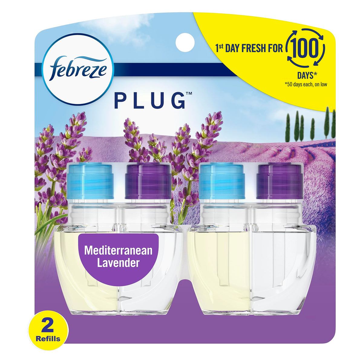 Febreze Odor Fighting Fade Defy Plug Air Freshener Refill, Mediterranean Lavender, (2) .87 Fl. Oz. Oil Refills