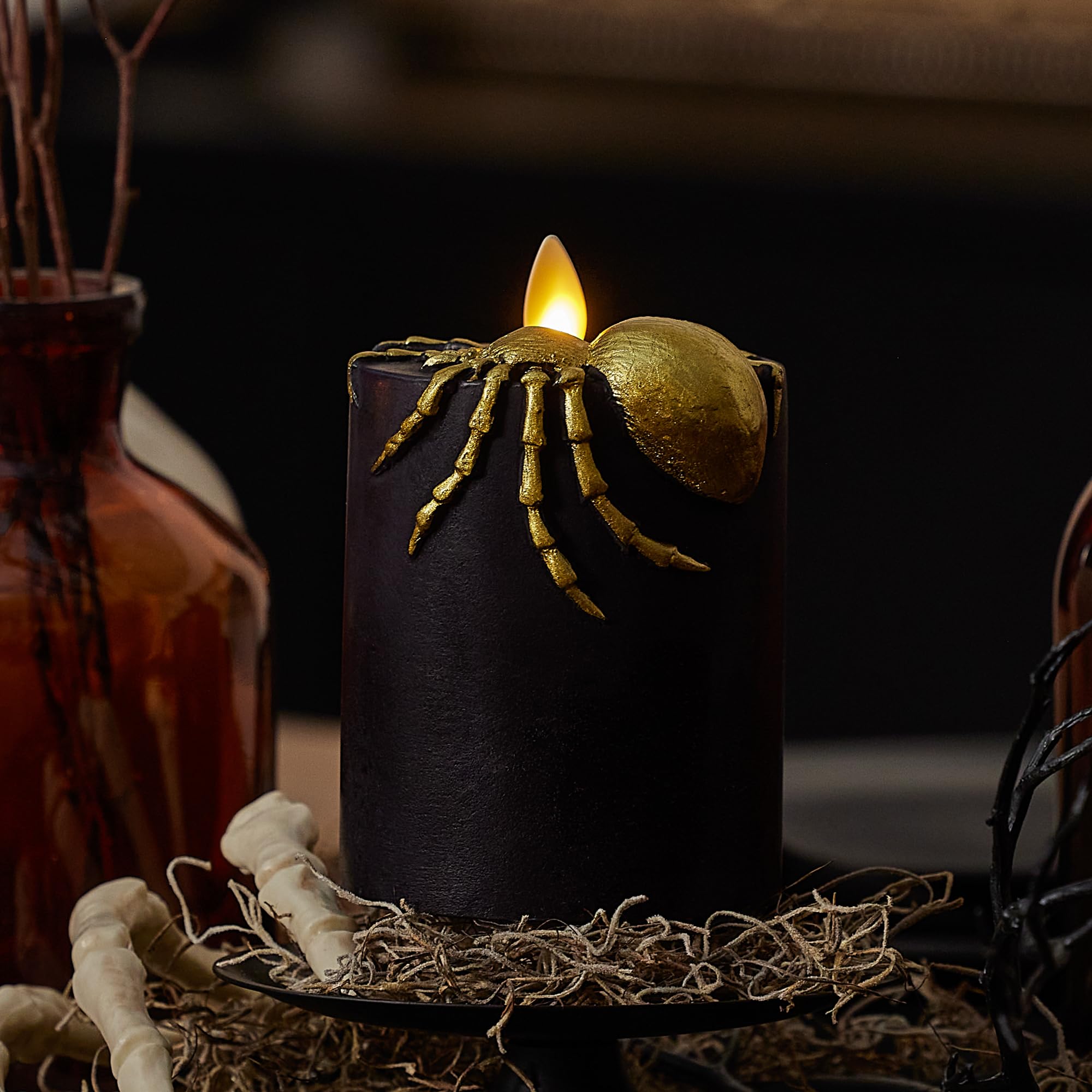 Luminara Black And Gold Spider Flameless Led Candle, Flat Top Moving Flame Pillar, Real Unscented Wax And Timer (3'' X 4.5'')