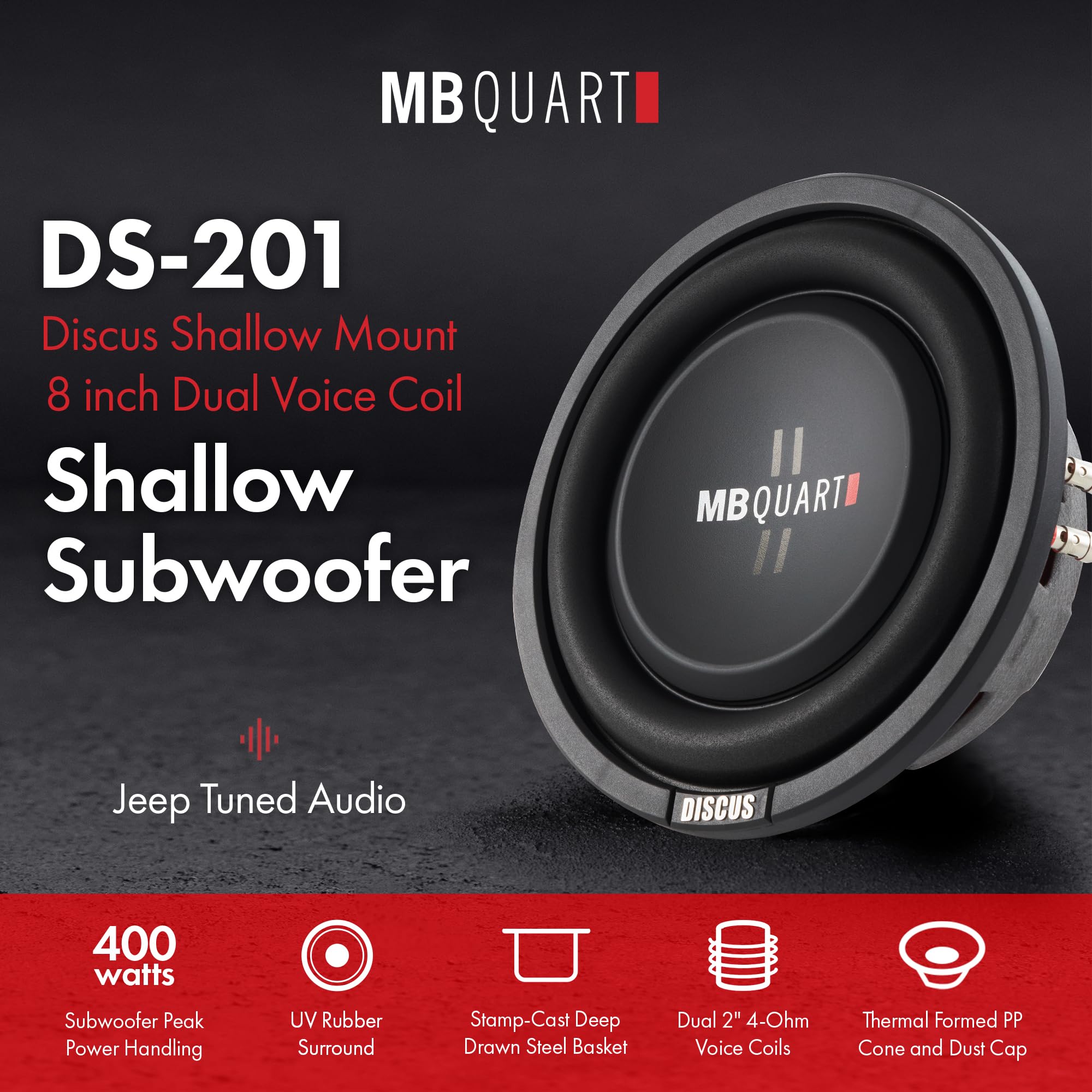 Mb Quart Ds1 204 Discus Shallow Mount Subwoofer (Black)   8 Inch Subwoofer, 400 Watt, Car Audio, 2 Inch Voice Coils, Uv Rubber S
