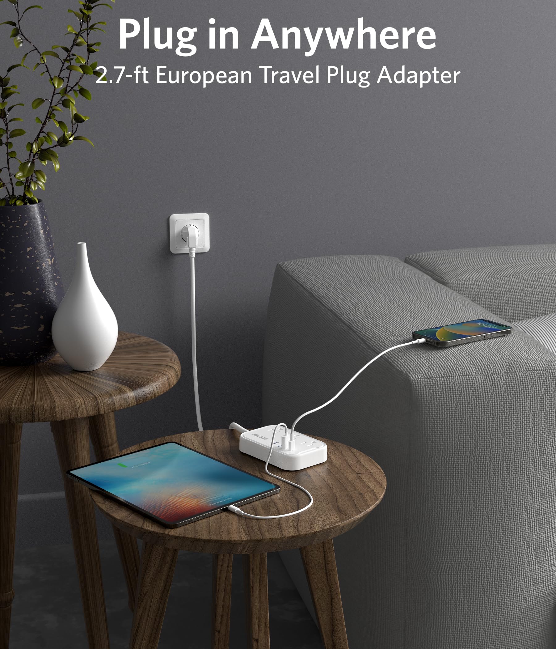 European Travel Plug Adapter   Us To Europe Plug Adapter With 3 Ac Outlets And 4 Usb(1 Pd20W) Type E/F   International Travel Ad