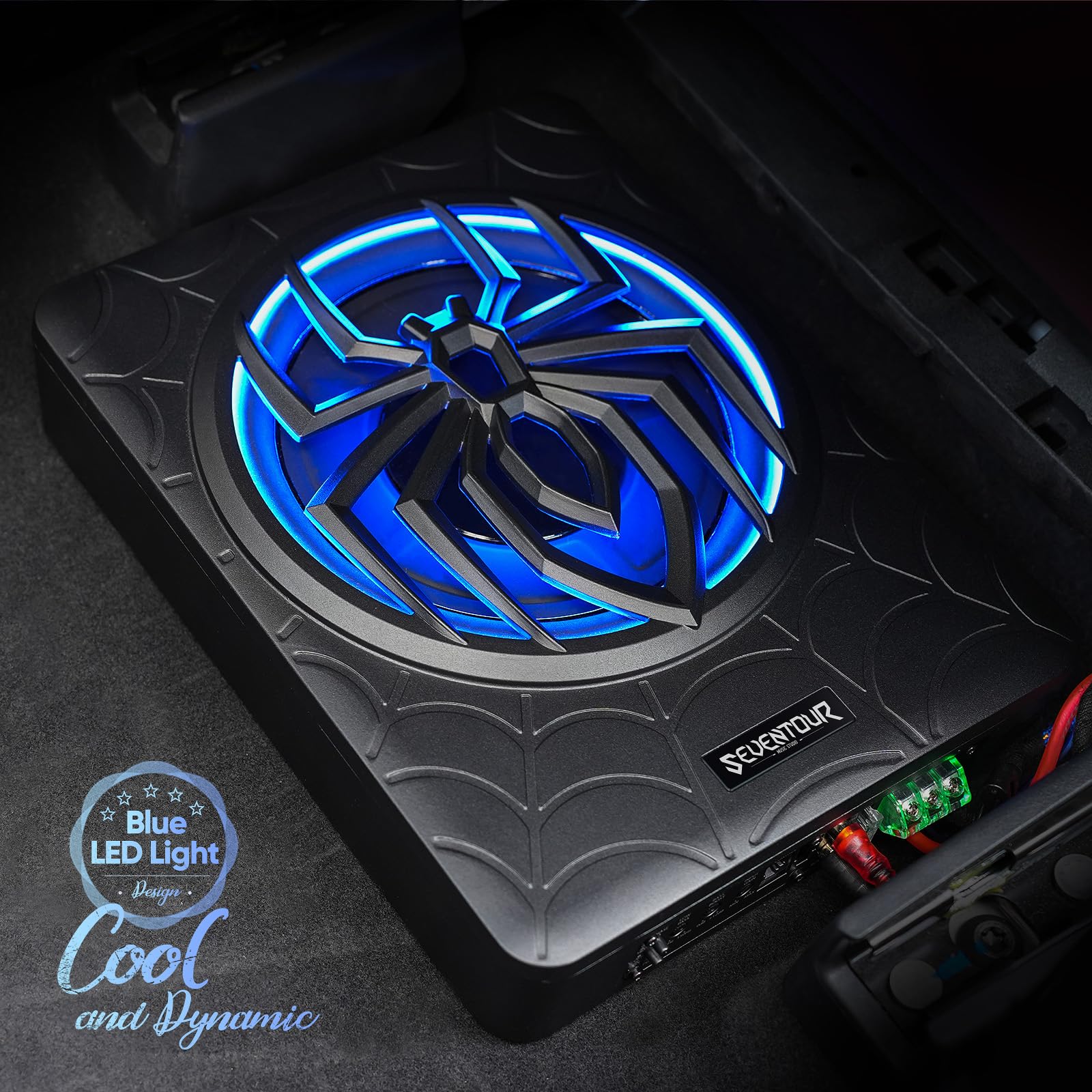 Seventour 10'' 1000W Slim Under Seat Powered Car Subwoofer, Car/Truck Audio Sub Built In Amplifier Amp Combo, With Blue Led Ligh