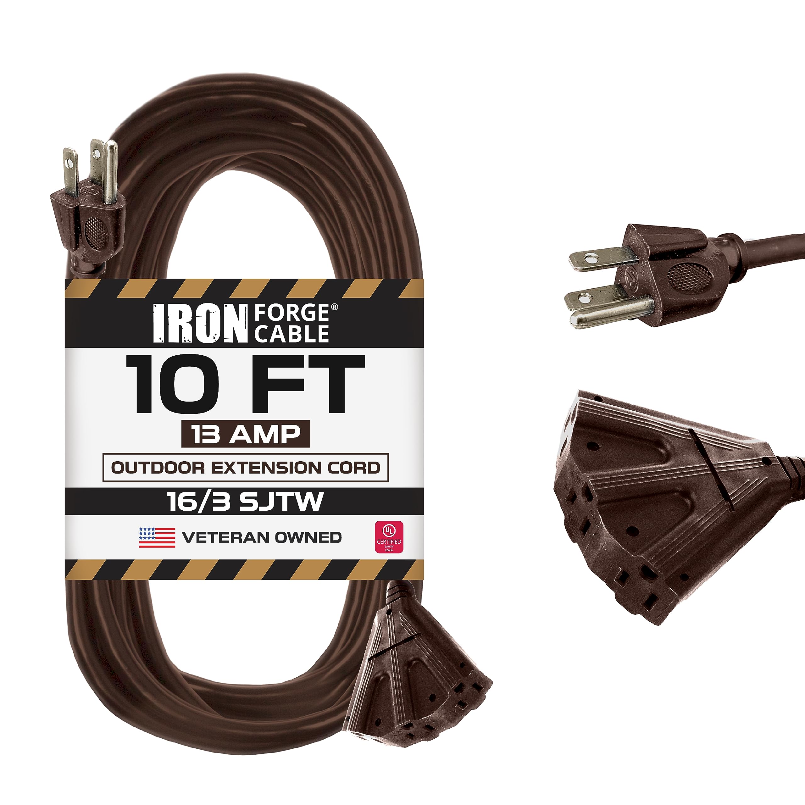 Iron Forge Cable 10 Ft Brown Extension Cord With 3 Outlets,16/3 Sjtw Heavy Duty Outdoor Extension Cord Multiple Outlets 3 Prongs