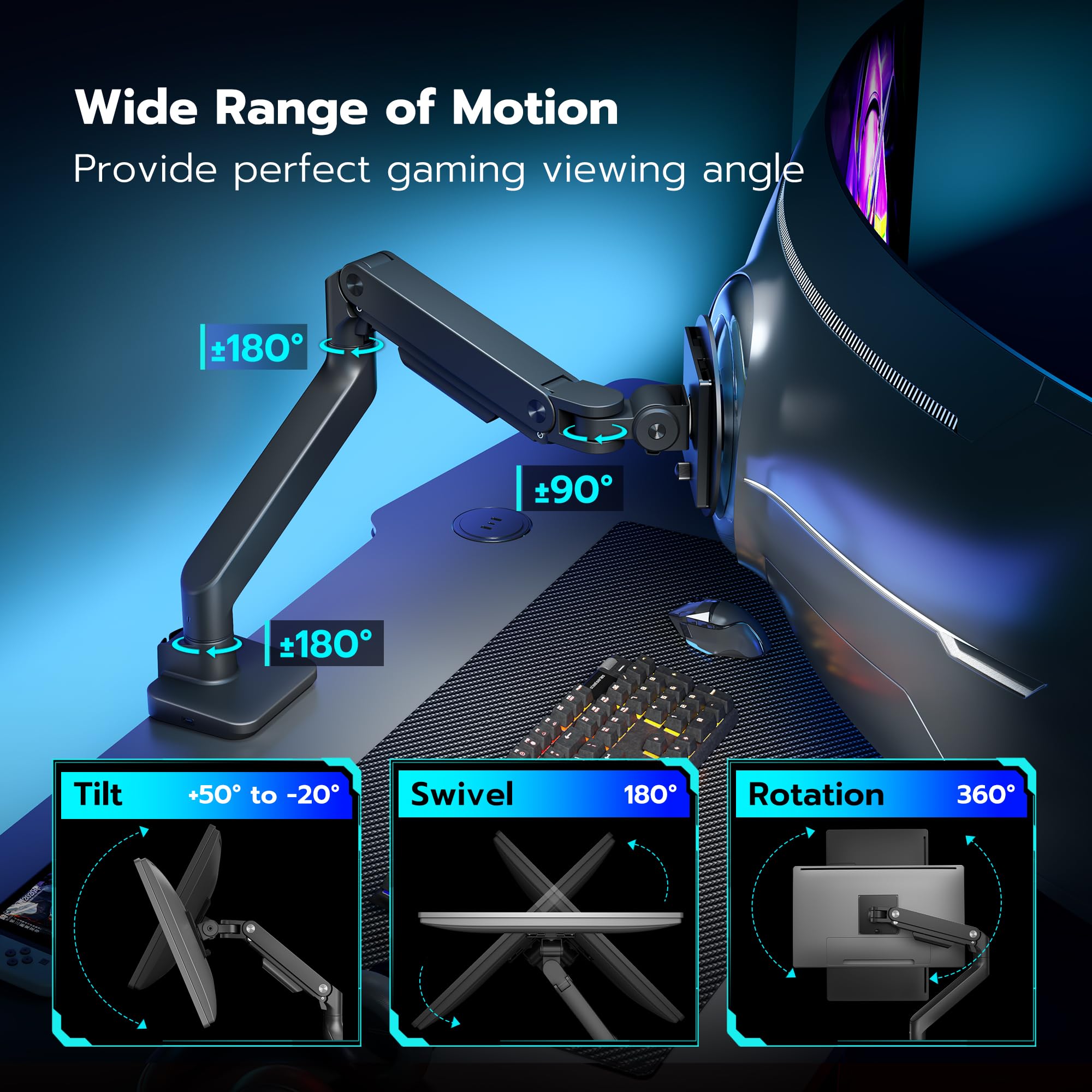 Ares Wing Single Monitor Mount With Usb A/C, Ultrawide Monitor Arm For 17 To 49 Inch Heavy Duty Monitor, Holds 44 Lbs, Adjustabl