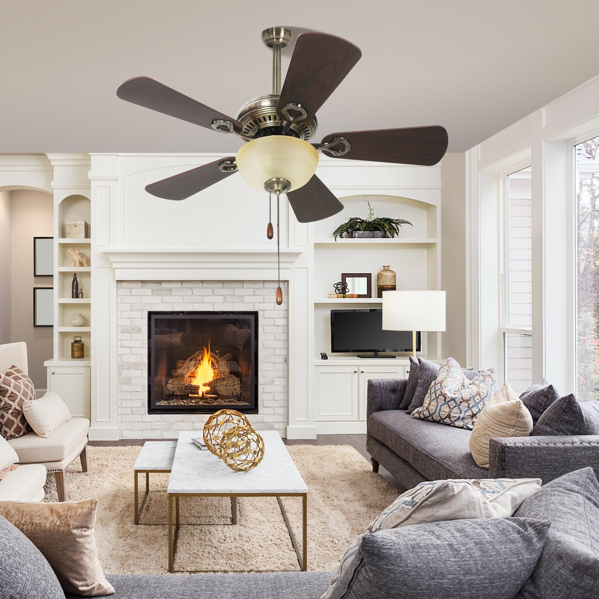 42 Inch Ceiling Fan With Light, Low Profile Ceiling Fan With Light, Fan Pull Chain With 5 Dual Sided Blades, 3 Speed Dc Reversib