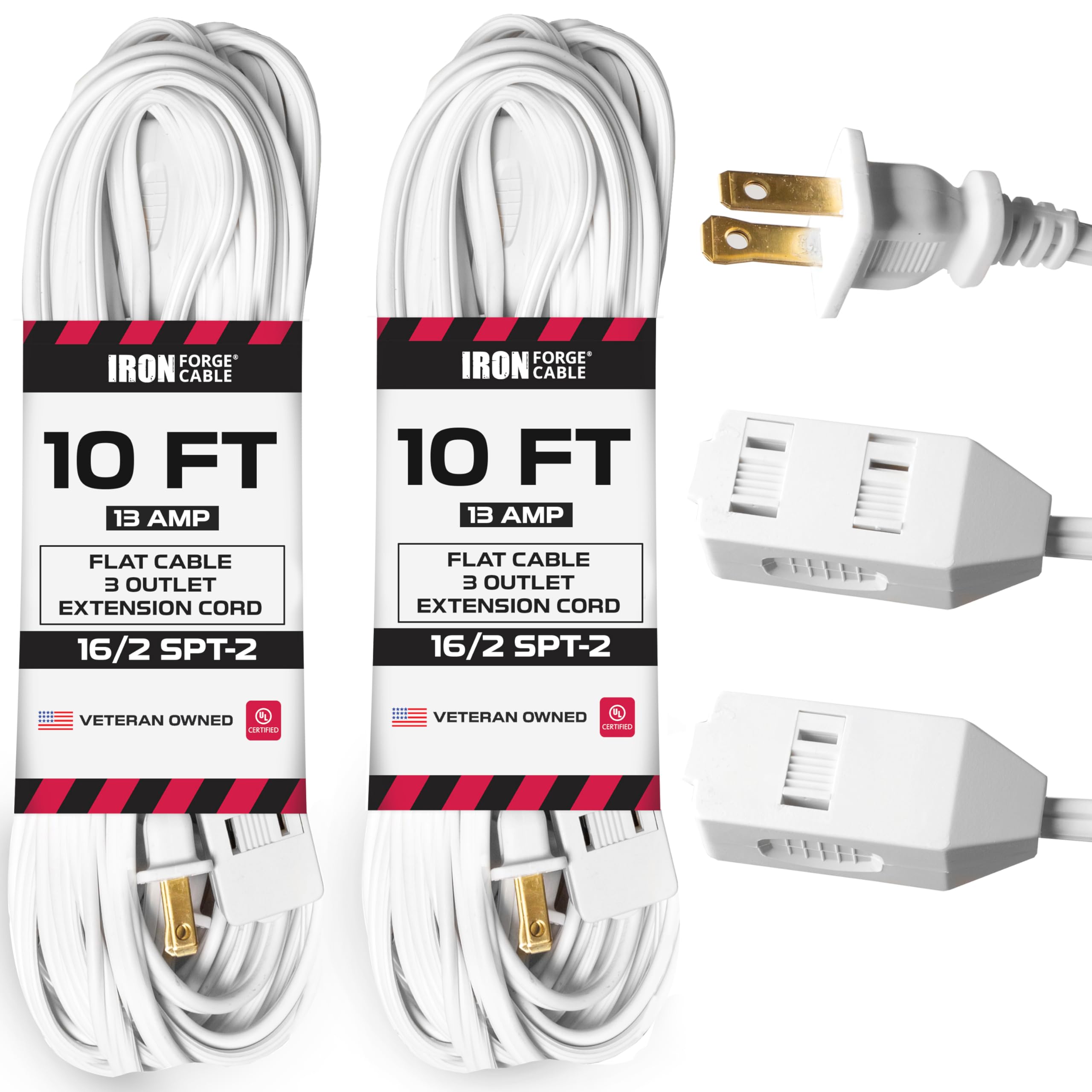 Iron Forge Cable 2 Pack White Extension Cord 2 Prongs With 3 Outlets 10 Ft   16/2 Durable Electrical Cable, White Extension Power Cord 10 Feet For Home, Office, Indoor Outdoor Electrical Appliances