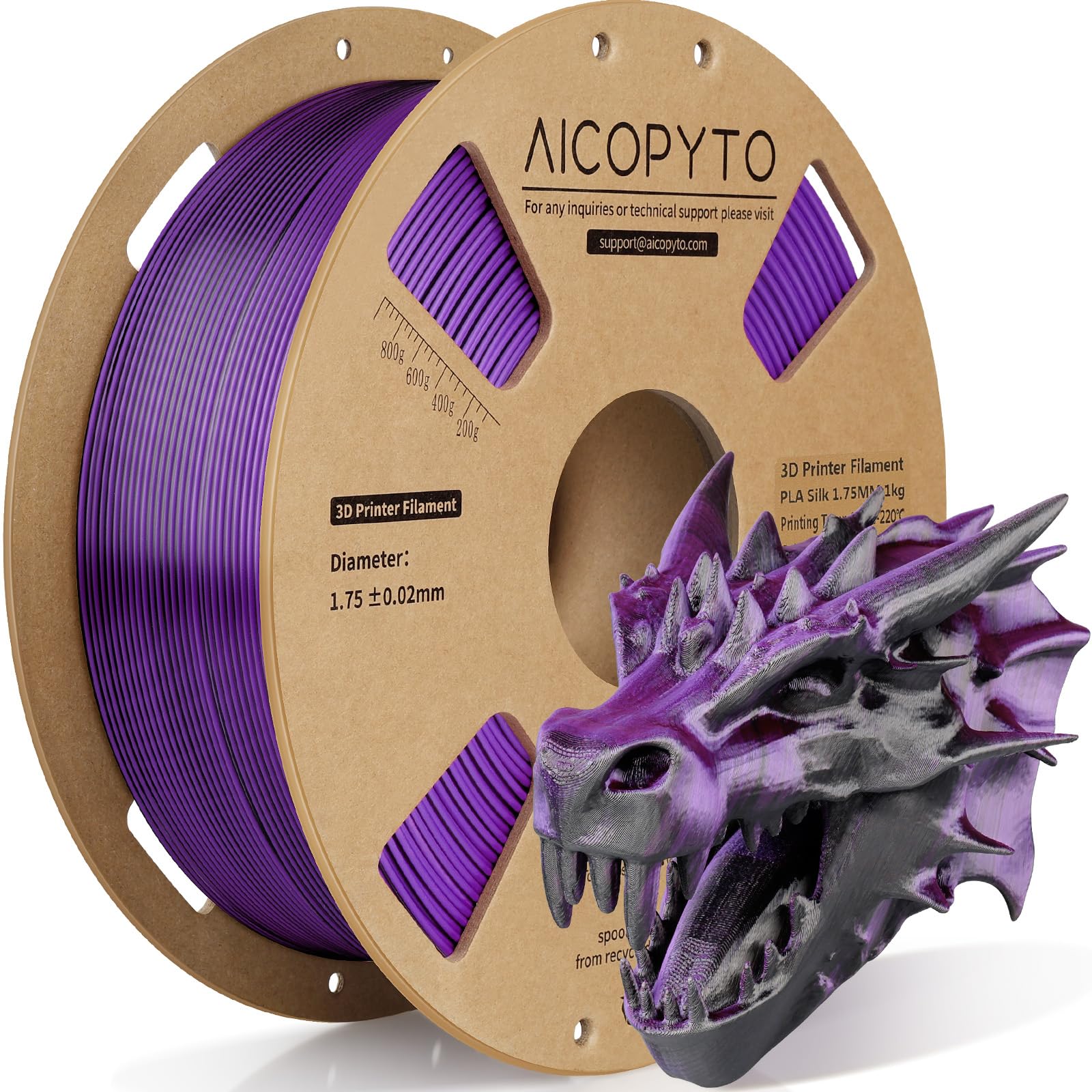 AICOPYTO Dual Color Silk PLA 3D Printer Filament 1.75mm, Dual Color 2-in-1 Purple-Black Silk Filament 1KG Spool Dimensional Accu