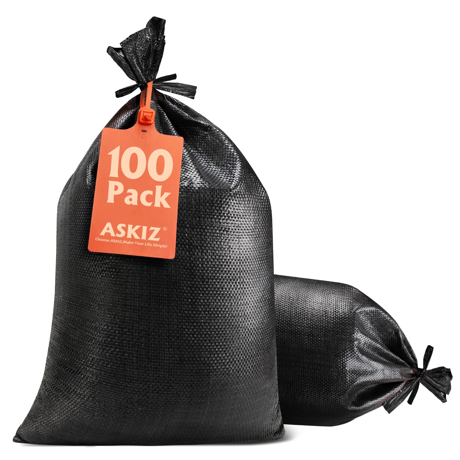 ASKIZ Heavy Duty Sand Bags with UV Protection - 16 x 25.5 Ultra Tough Polypropylene Sandbags for Hurricane Flooding (Black 100 B