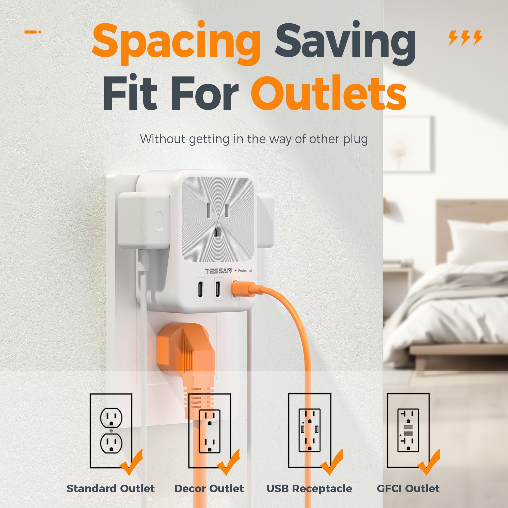 Usb Multi Plug Outlet Splitter, Tessan Surge Protector 4 Outlet Extender With 3 Usb C Wall Charger Blocks, 3 Sided Multiple Plug