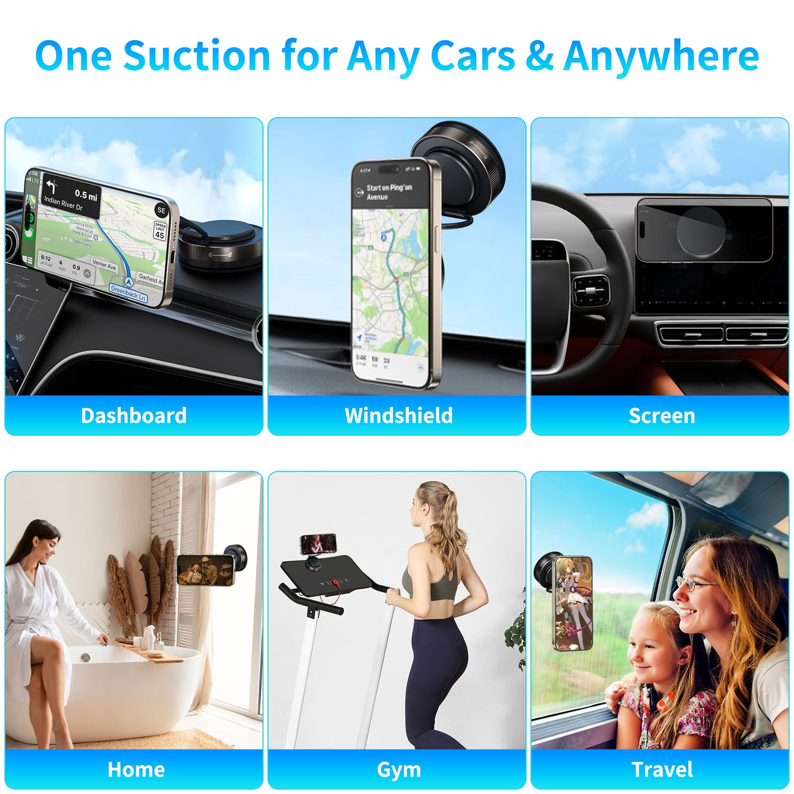Apapatek Vacuum Suction Magnetic Phone Holder For Iphone 16E 16 15 Pro, 360 Rotating & 180 Foldable, Ultra Suction Cup, Mini Car