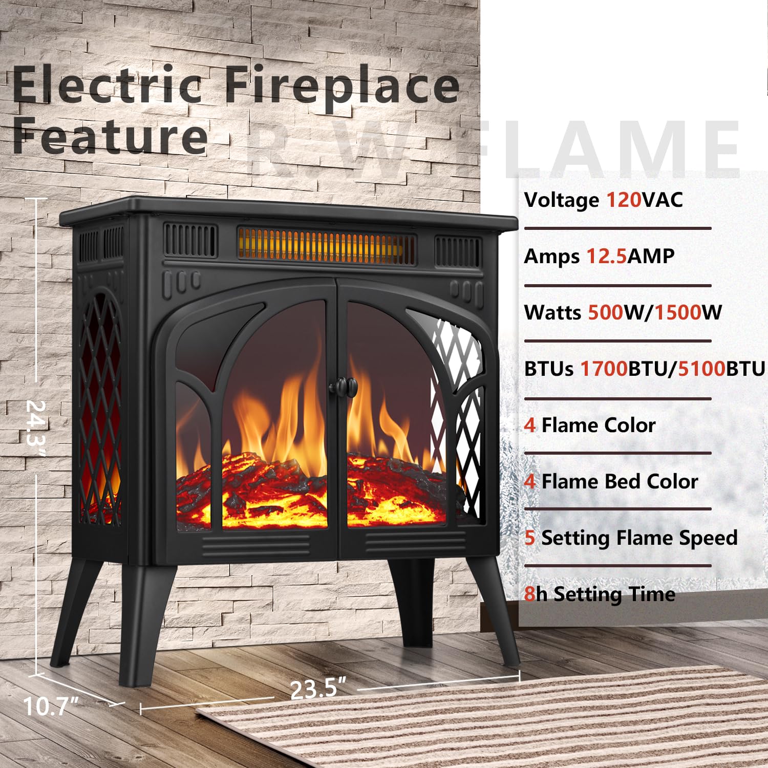 R.W.Flame Electric Fireplace Heater 25 With Remote Control, Cathedral Stylish, Different Flame Effects And Log Set Colors, Adjus
